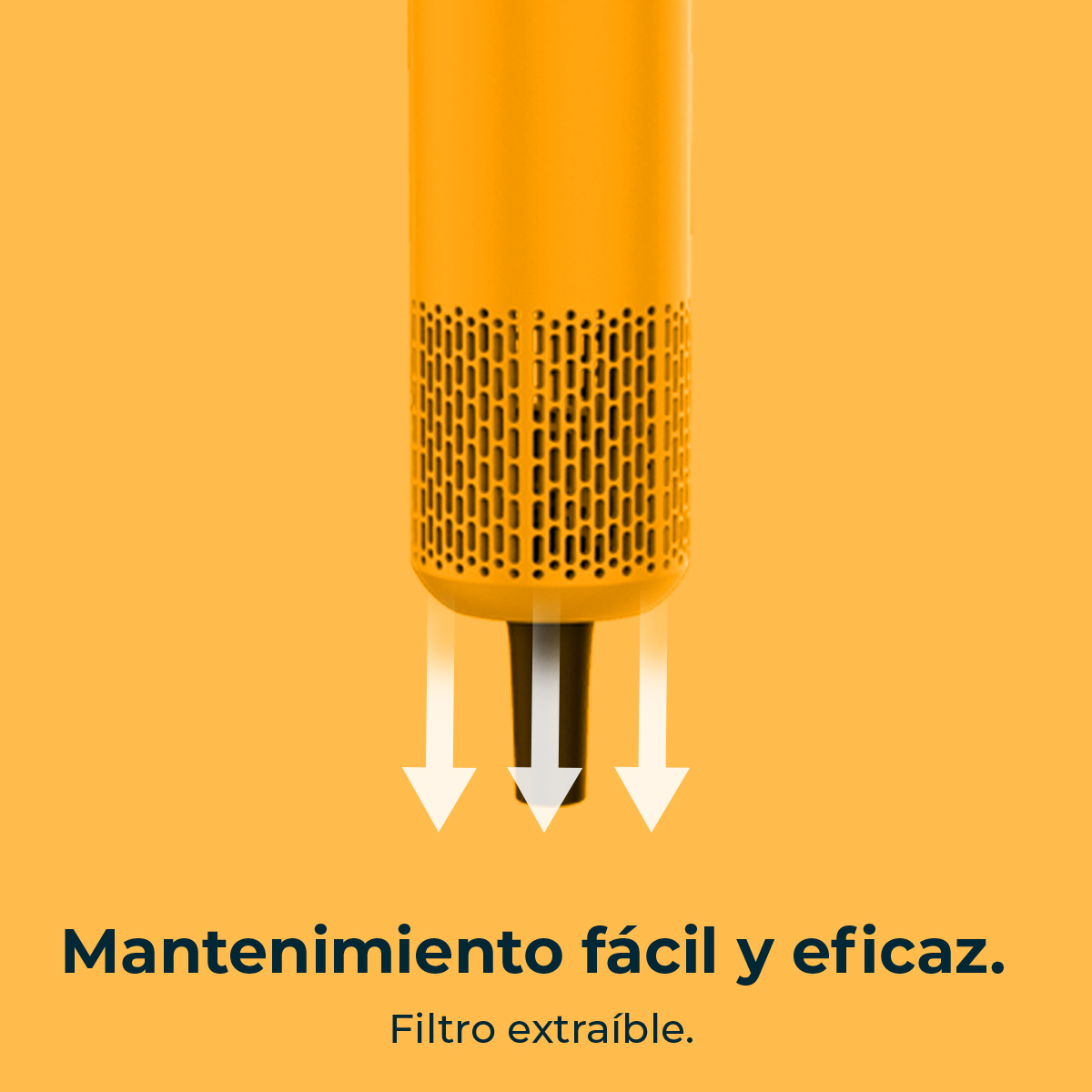 Purificador de aire amarillo con rejilla negra, flechas blancas indican flujo de aire, texto: 'Mantenimiento fácil y eficaz'.