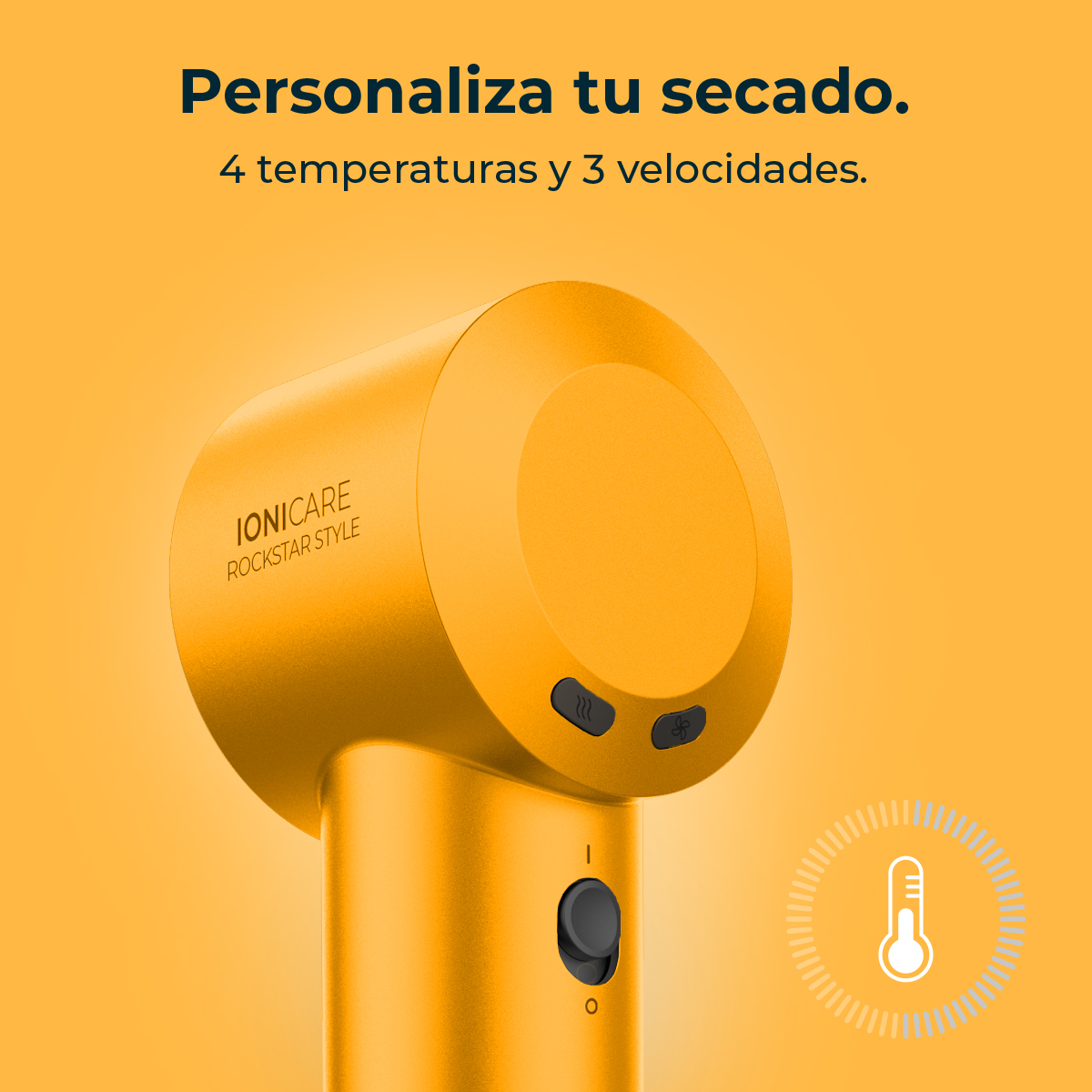 Secador de pelo amarillo con botones e indicador de temperatura. 'IoniCare Rockstar Style'.