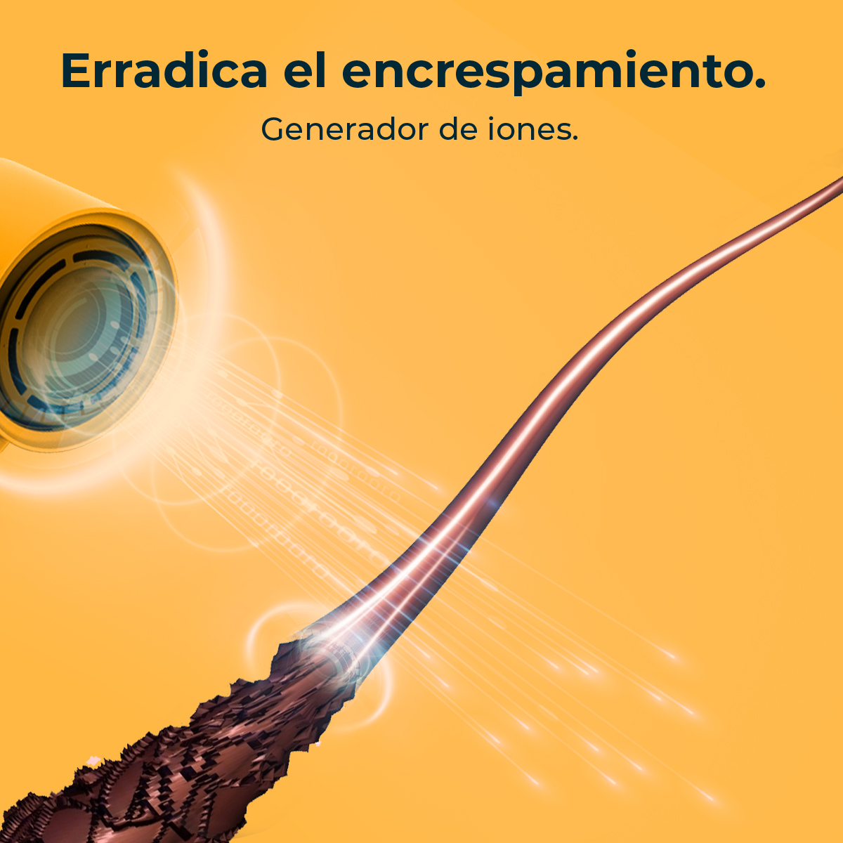 Primer plano del cabello con efecto generador de iones.