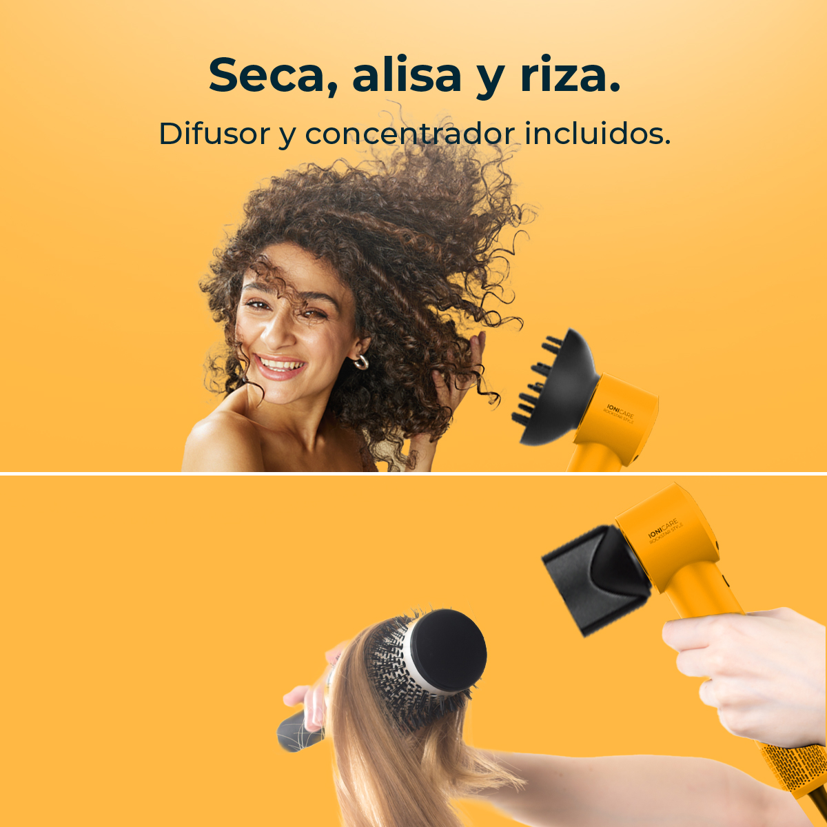 Mujer con cabello rizado usando un secador, con texto 'Seca, alisa y riza'.
