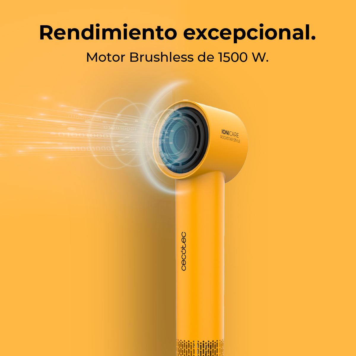 Secador de pelo amarillo con la etiqueta 'Ionicare' y un cepillo, sobre fondo amarillo.