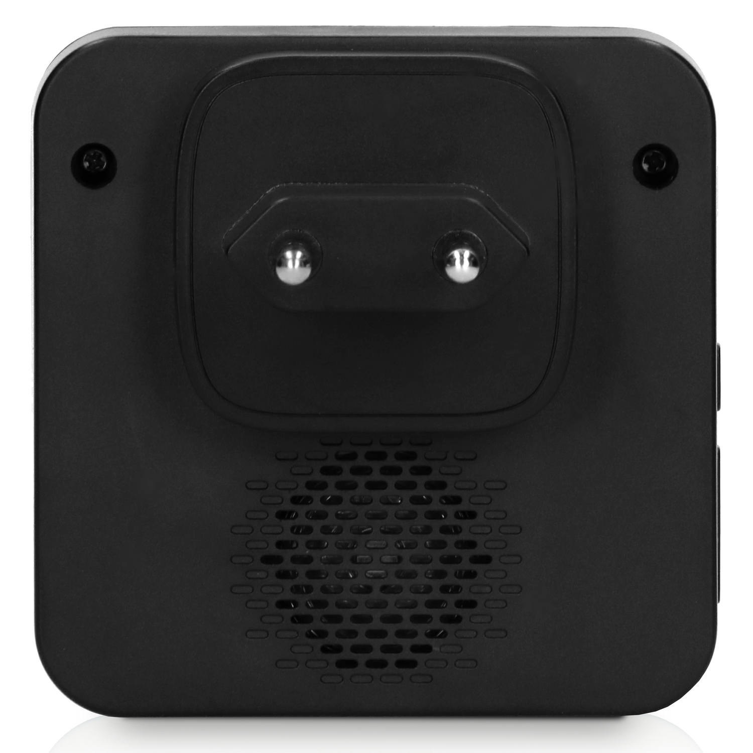 A black plug adapter with an outlet and two screws.