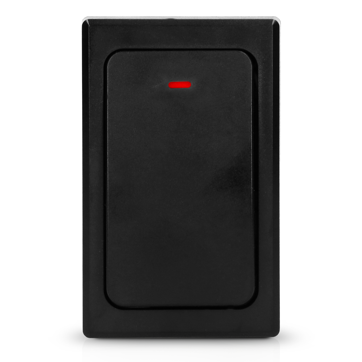 Black access control reader with a red light. Rectangular shape, mounted on a white wall.