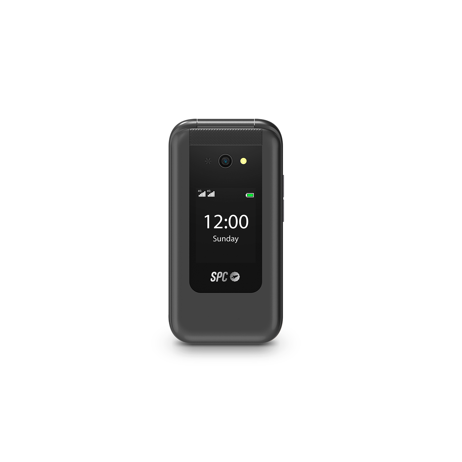 Teléfono plegable gris cerrado, pantalla muestra hora y señal.
