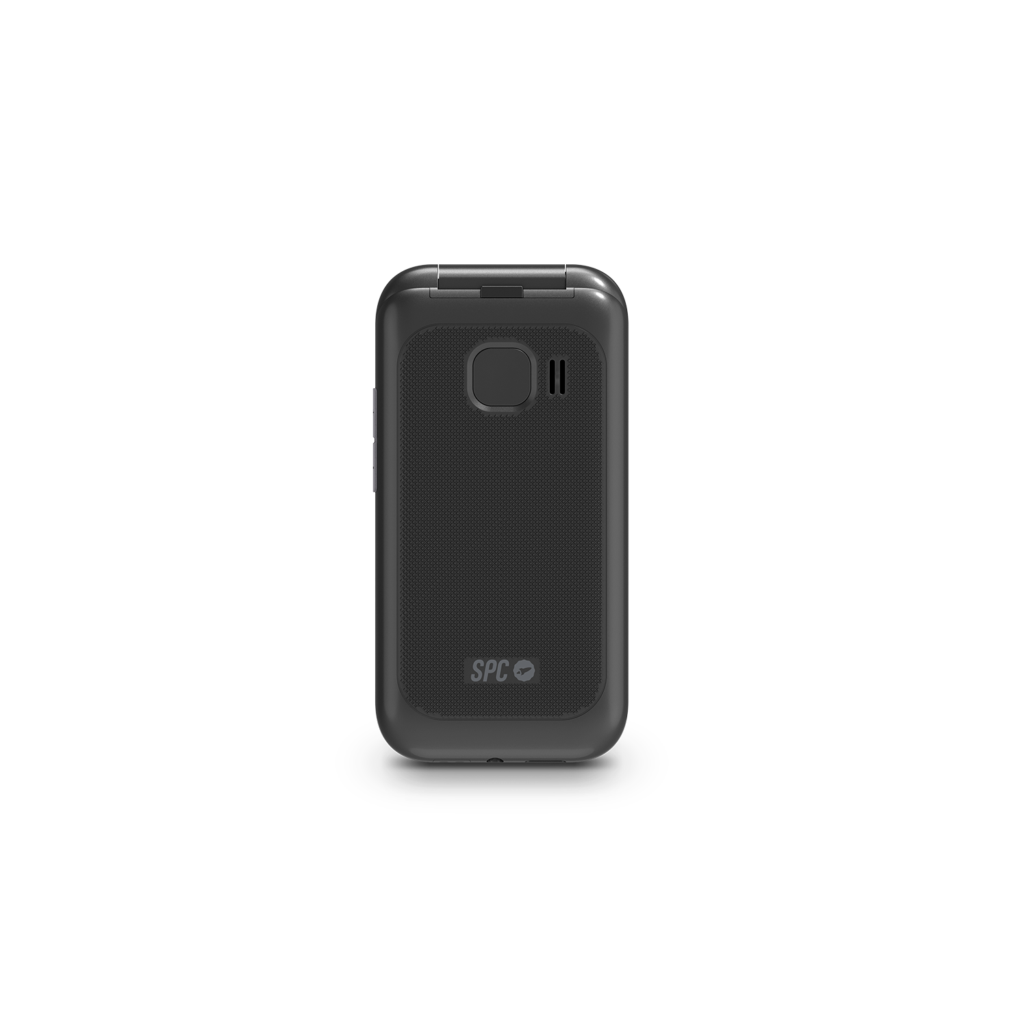 Un teléfono plegable gris oscuro cerrado sobre un fondo negro, con el logotipo de la marca.