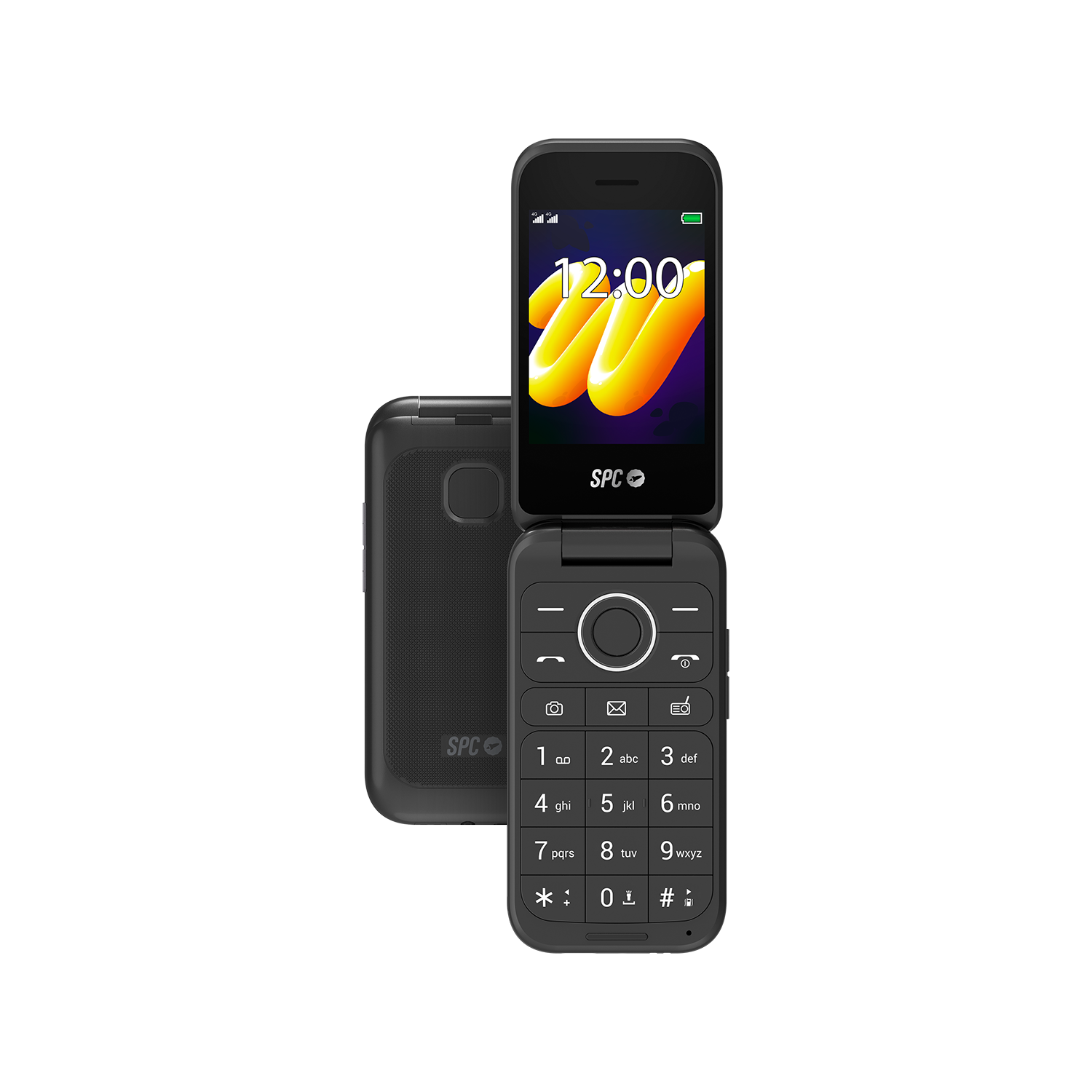 Un teléfono plegable negro está abierto, mostrando la hora. Otro está cerrado junto a él.