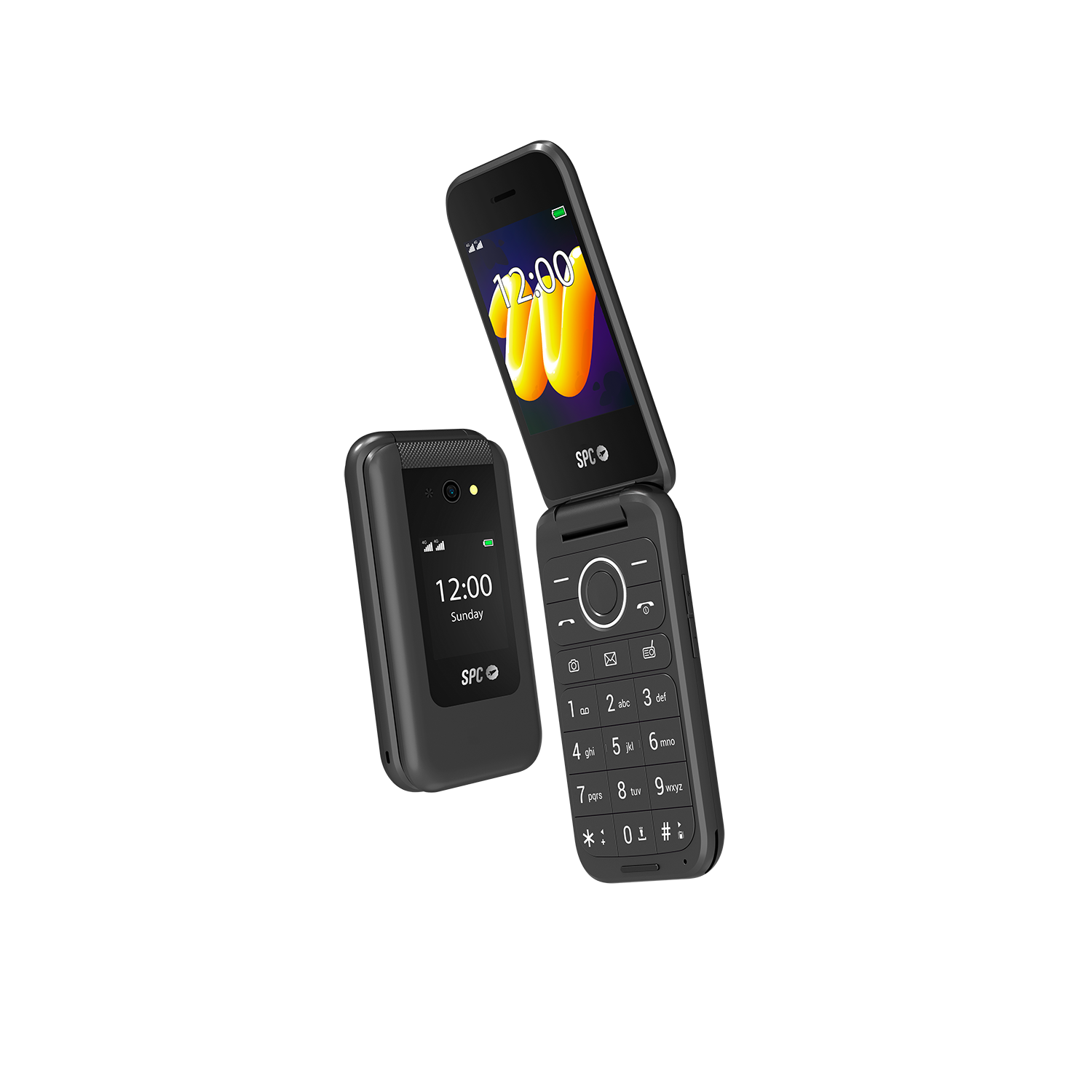 Dos teléfonos plegables negros, uno abierto, sobre un fondo negro. Uno muestra la hora 12:00.
