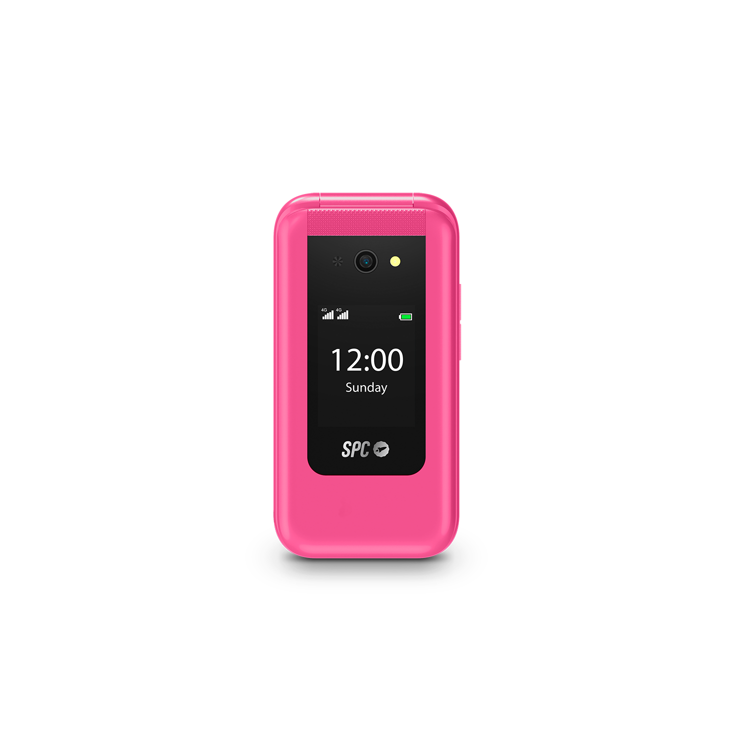 Un teléfono plegable rosa que muestra la hora y la fecha en una pantalla negra.