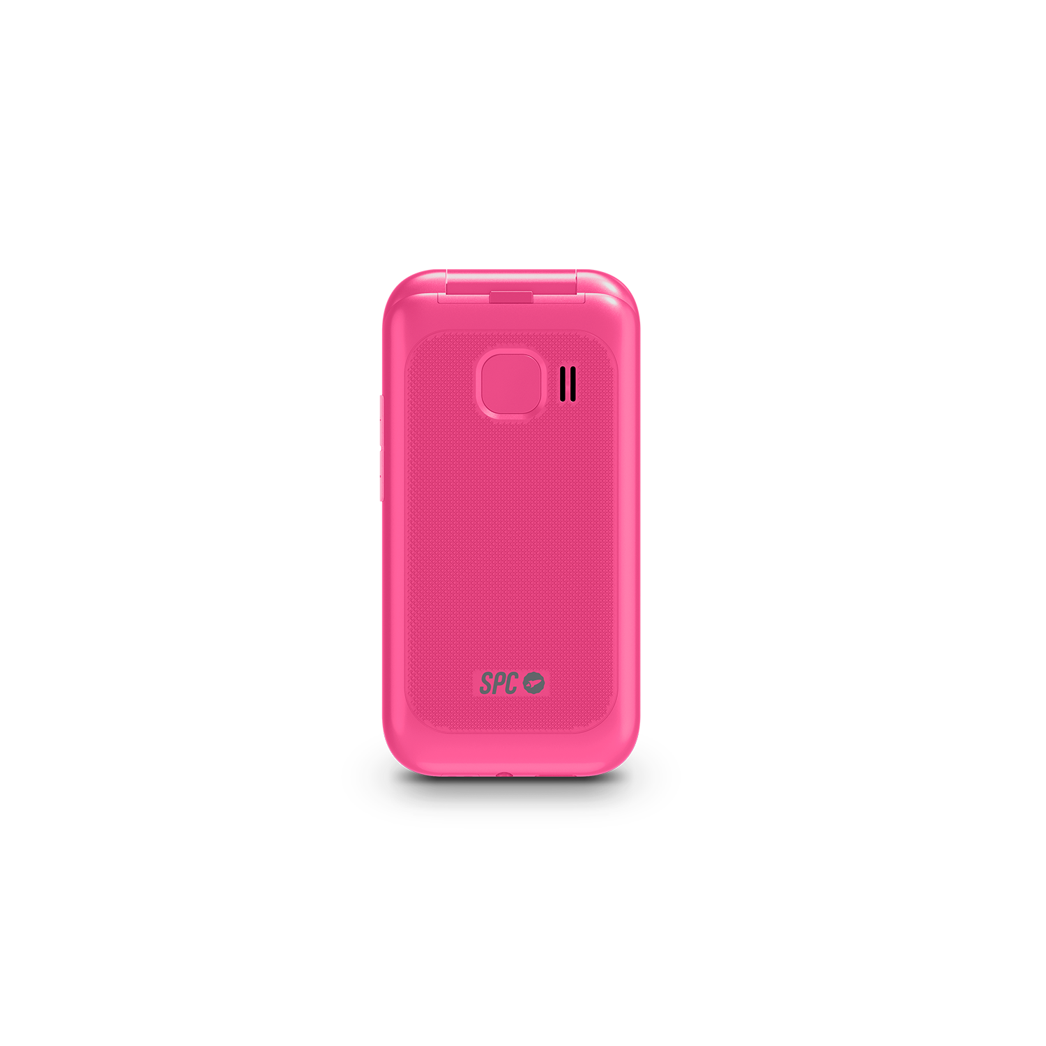 Un teléfono plegable rosa cerrado sobre un fondo negro. El logotipo de SPC es visible.