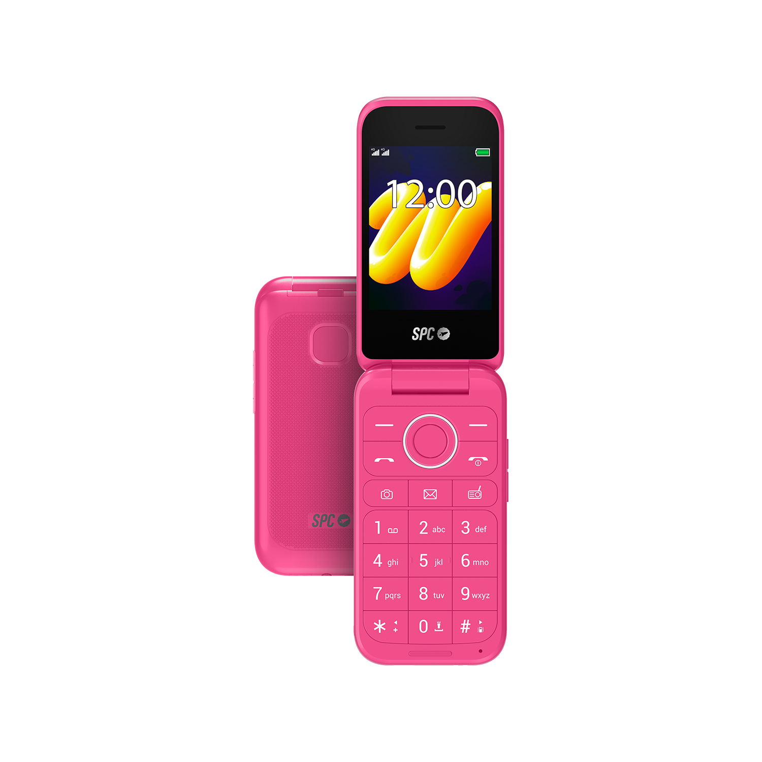 Teléfono rosa plegable abierto, mostrando la pantalla, con el teléfono cerrado al fondo.