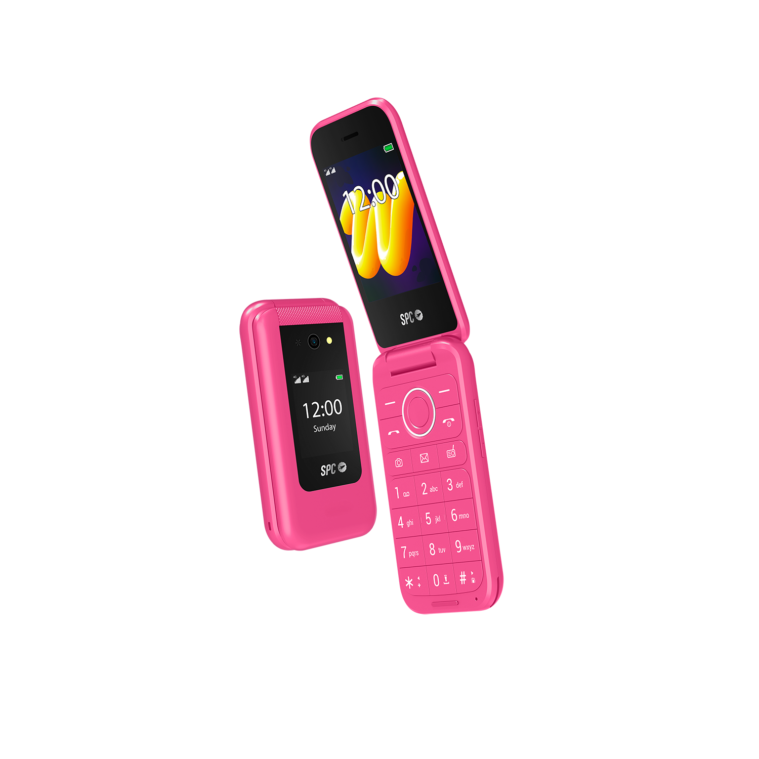 Teléfono rosa plegable, abierto y cerrado, con pantalla mostrando la hora, fondo oscuro.