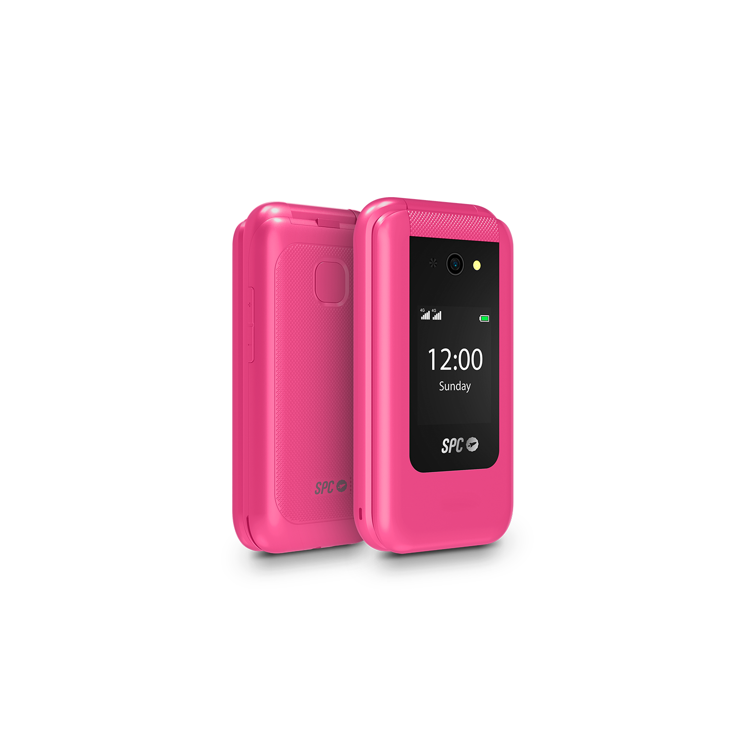 Teléfono plegable rosa, abierto mostrando pantalla con hora, y cerrado.