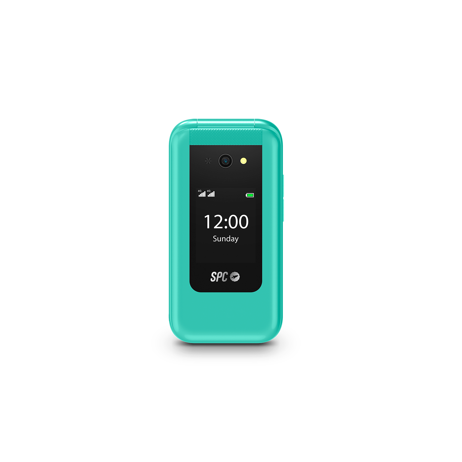 Teléfono plegable turquesa, abierto, sobre negro. Muestra la pantalla con hora, fecha, señal, batería y el logo SPC.