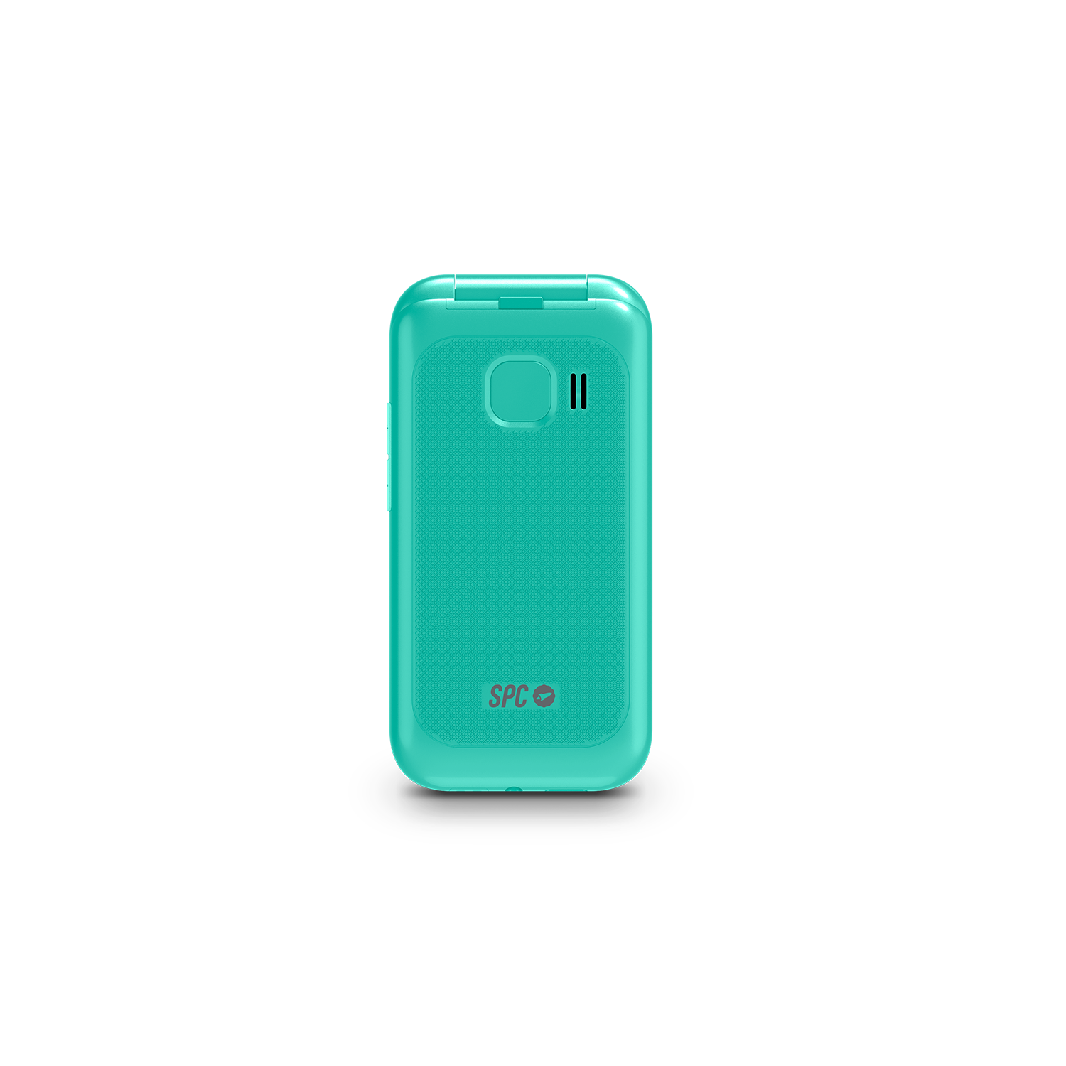 Teléfono plegable turquesa, cerrado, sobre fondo negro, con el logo SPC.