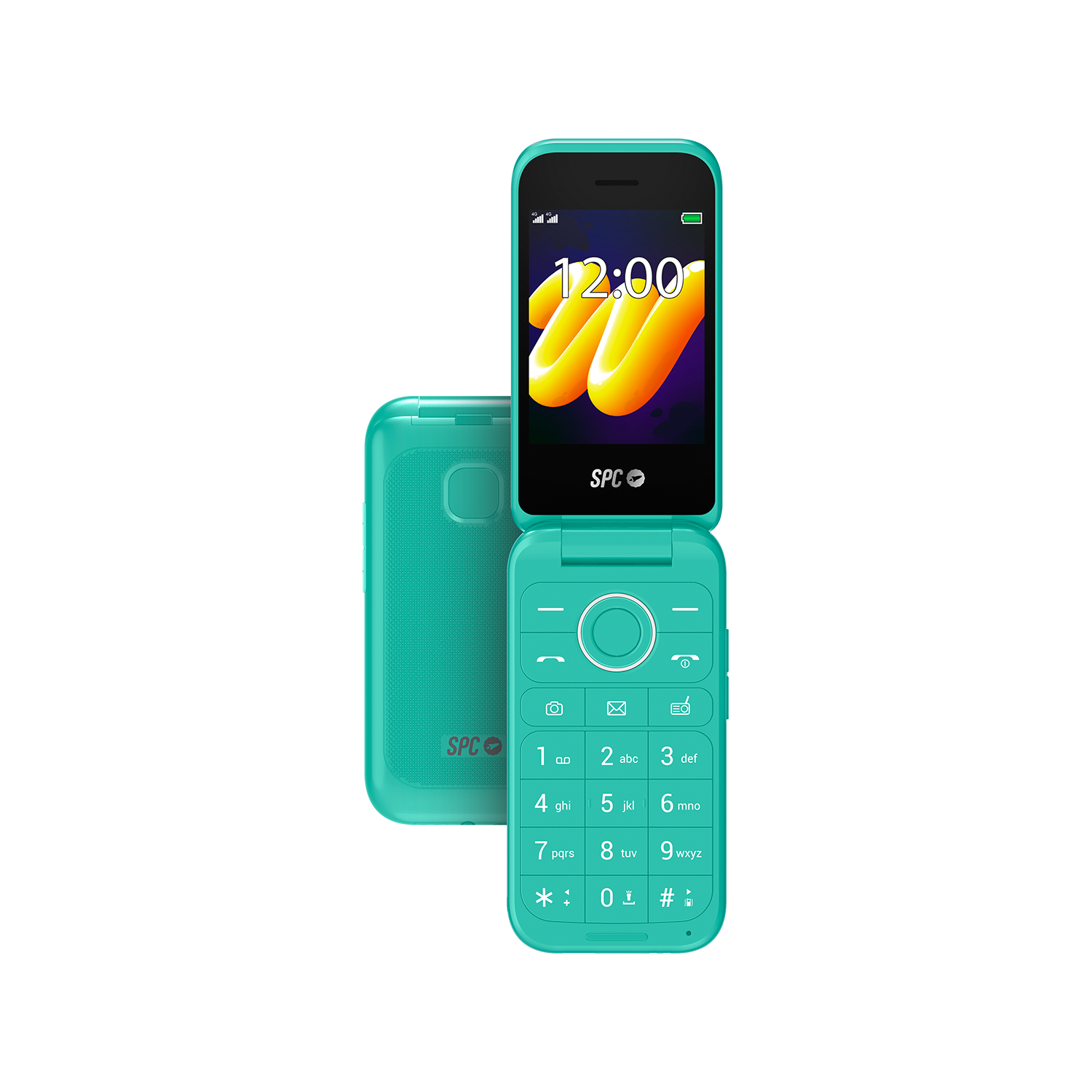 Teléfono plegable turquesa abierto, pantalla mostrando la hora. La otra mitad está cerrada.