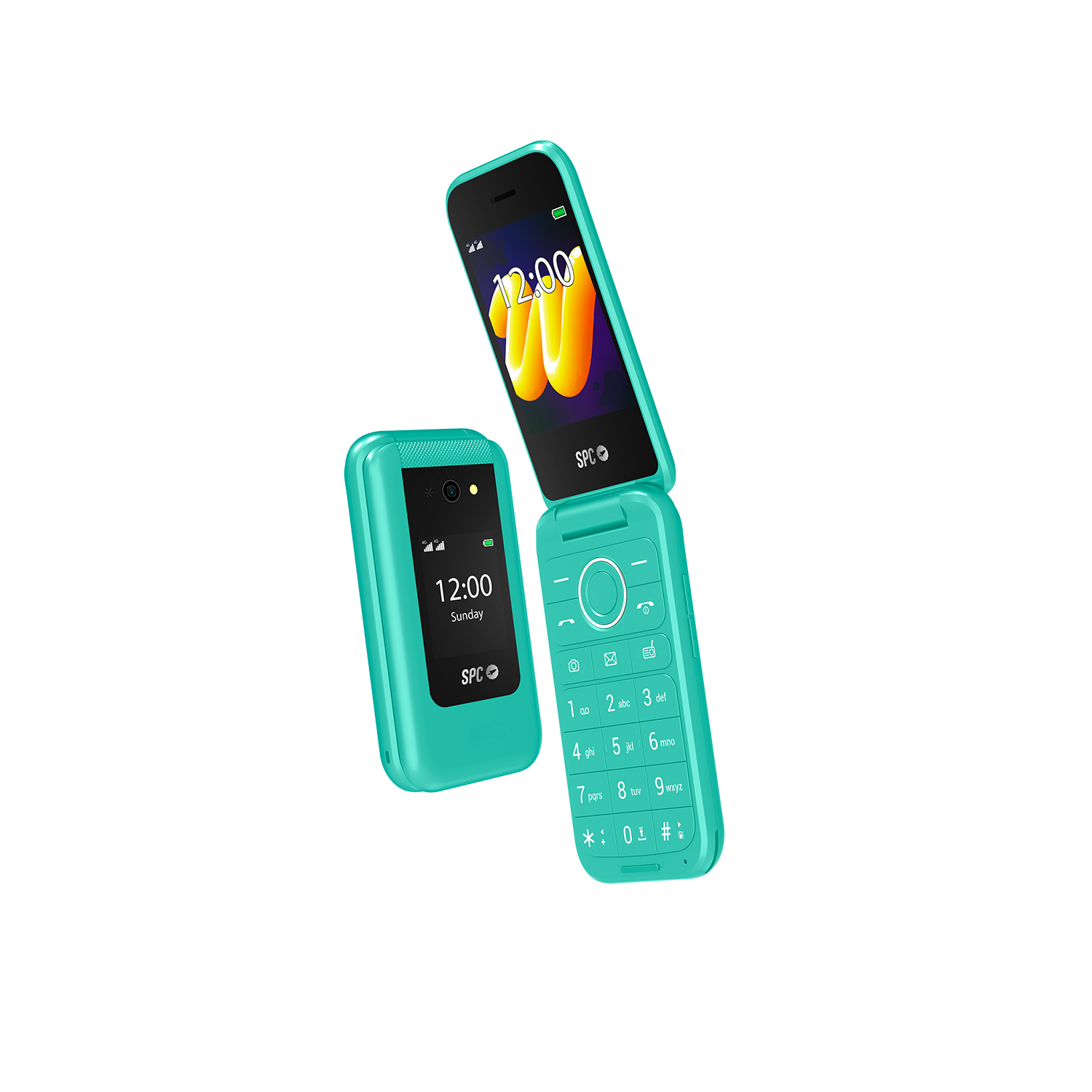Un teléfono plegable turquesa abierto muestra la hora. Otro teléfono cerrado, mostrando la hora, está al lado. Fondo negro.