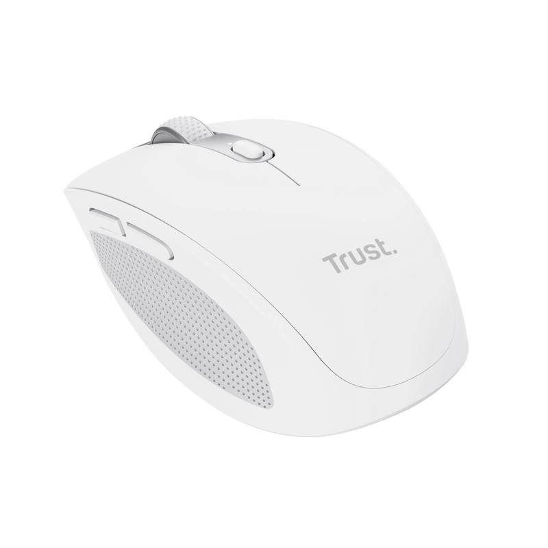 Ratón de ordenador blanco con logo Trust. Tiene rueda y botones laterales.