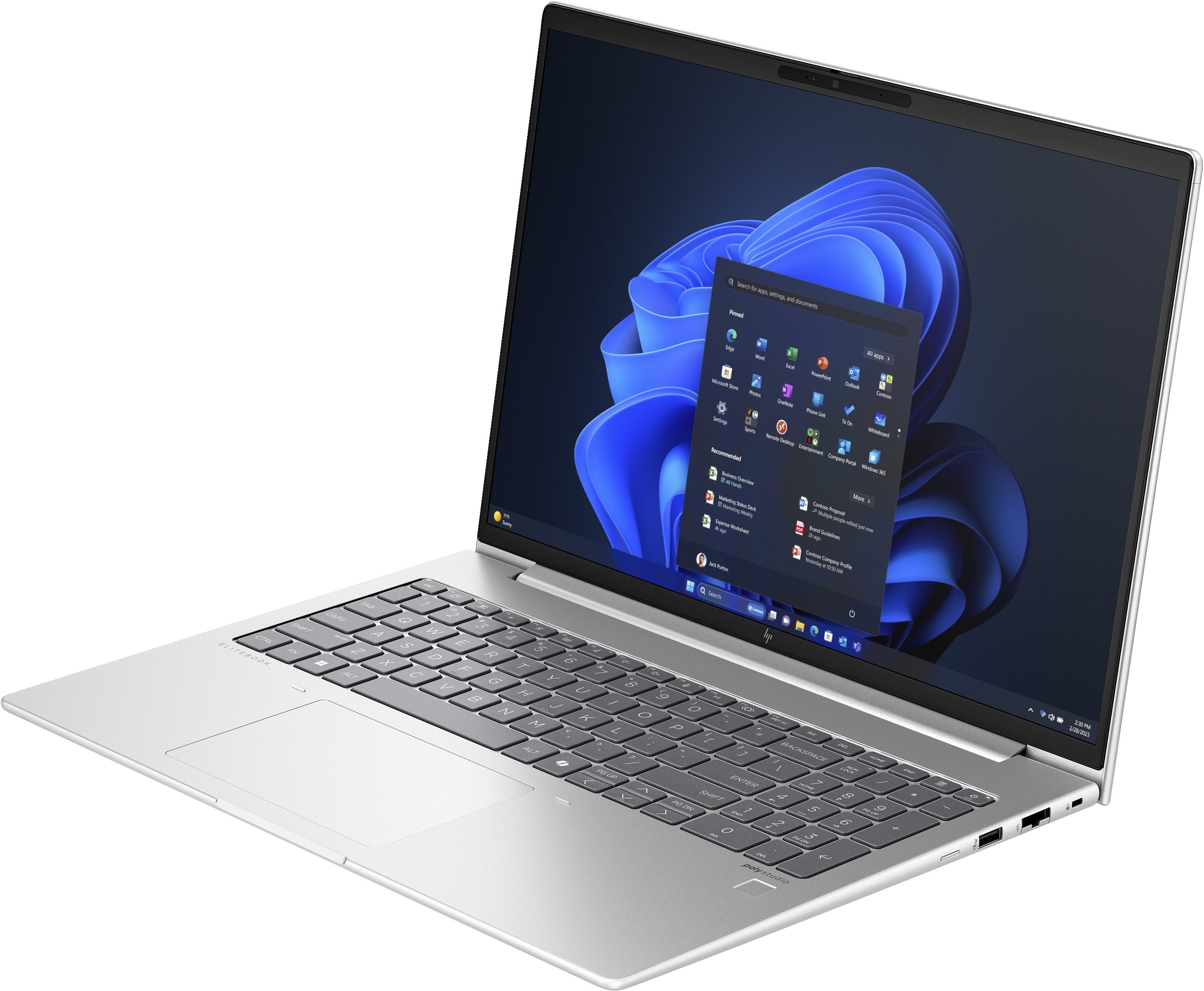 Ordenador portátil, vista lateral. Cuerpo plateado, teclado negro, pantalla abierta.