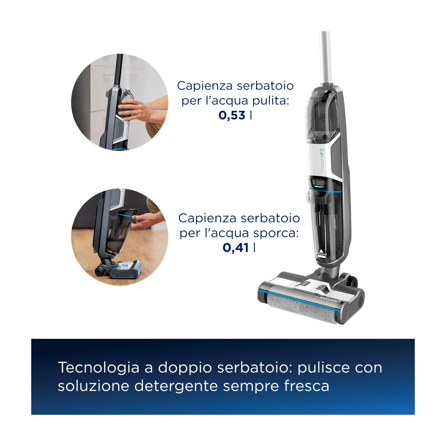 Aspirapolvere con serbatoi acqua pulita e sporca. Dettagli includono capacità e soluzione detergente.