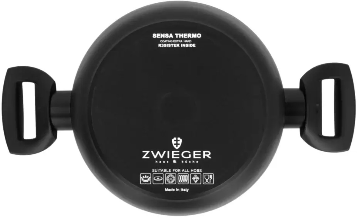 Spód czarnego garnka z marką 'Zwieger' i napisem 'Sensa Thermo'.