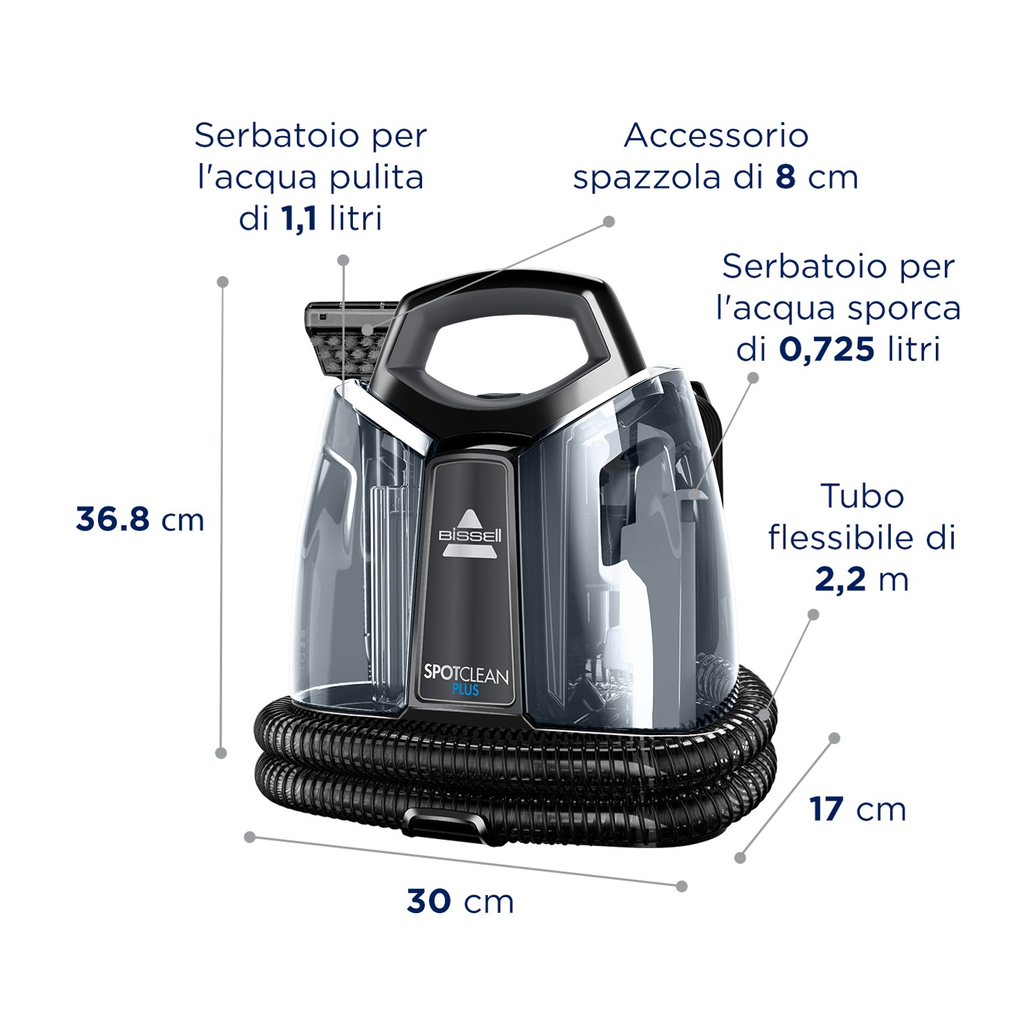 Macchina per la pulizia nera e grigia con tubo. Include dimensioni ed etichette.