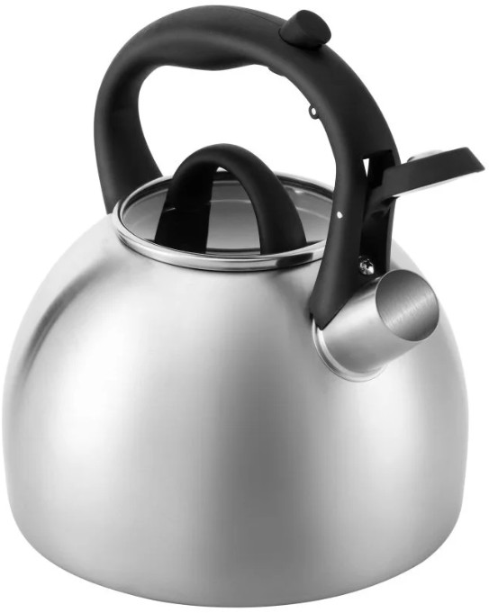 Błyszczący stalowy czajnik z czarnym uchwytem i wylewką.
