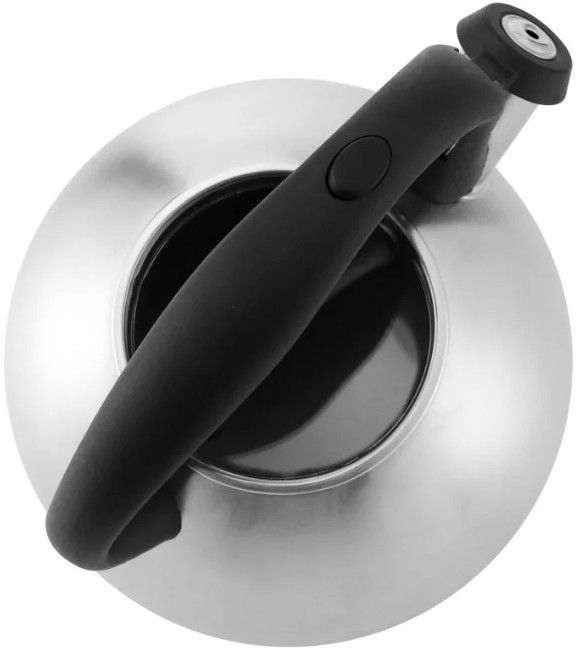 Czajnik ze stali nierdzewnej z czarnym uchwytem, widok z góry.