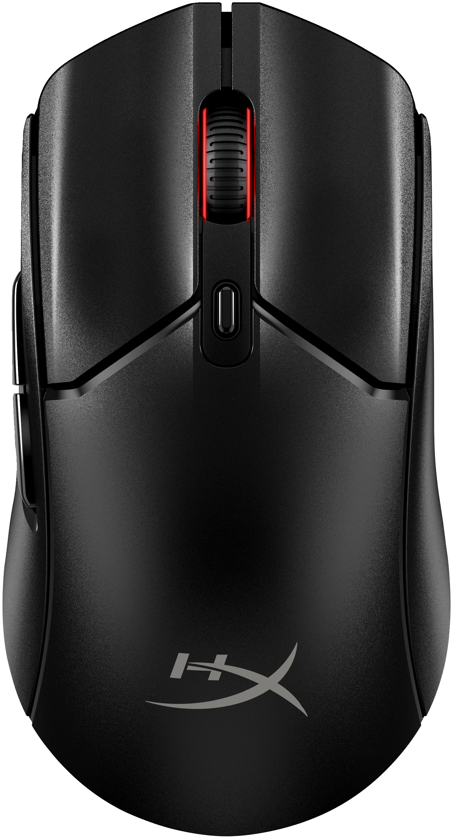 Schwarze Computermaus mit rotem Scrollrad und Logo. Draufsicht, sauberer Hintergrund.