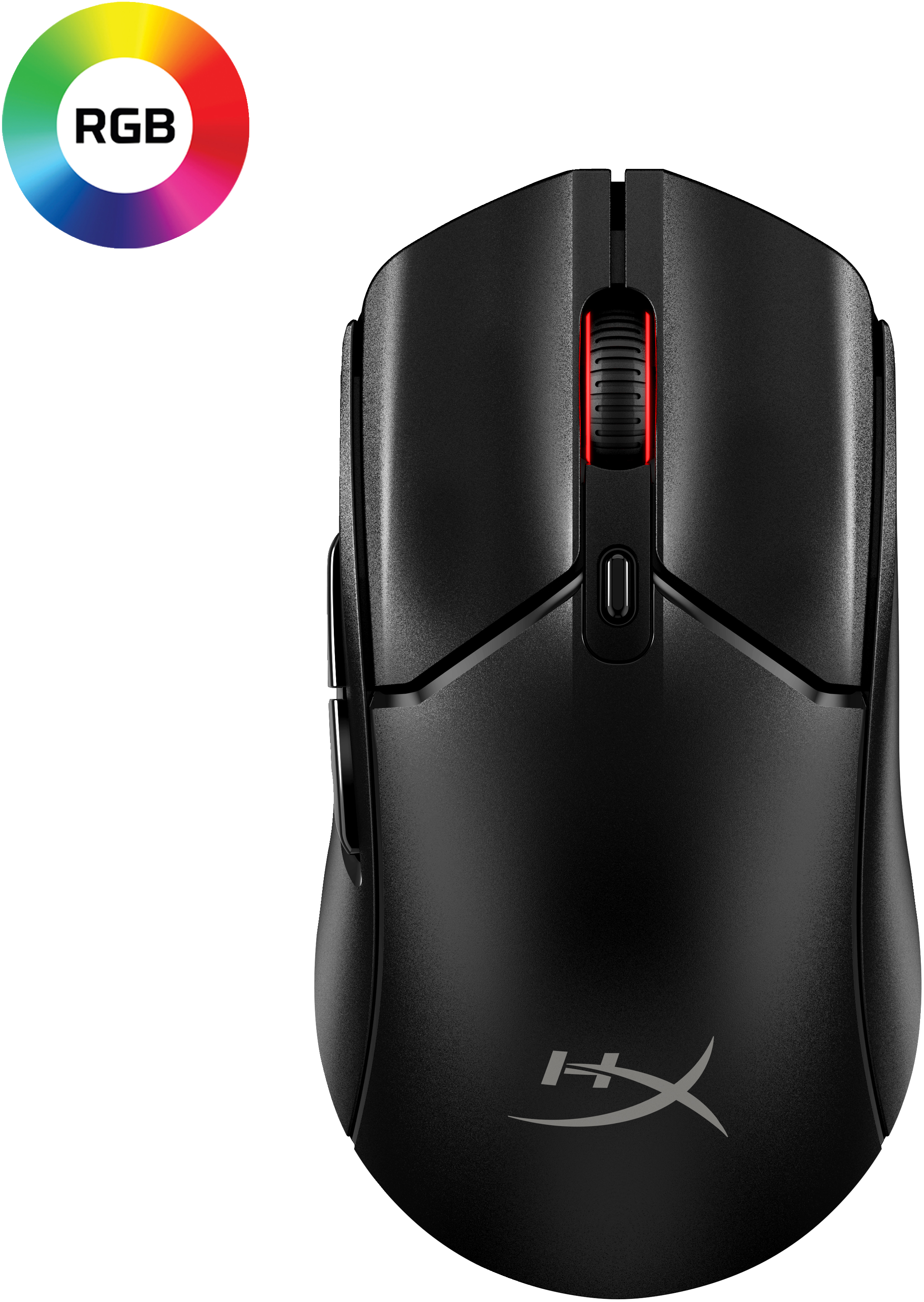 Schwarze HyperX Gaming-Maus mit rotem Scrollrad und RGB-Farbrad.