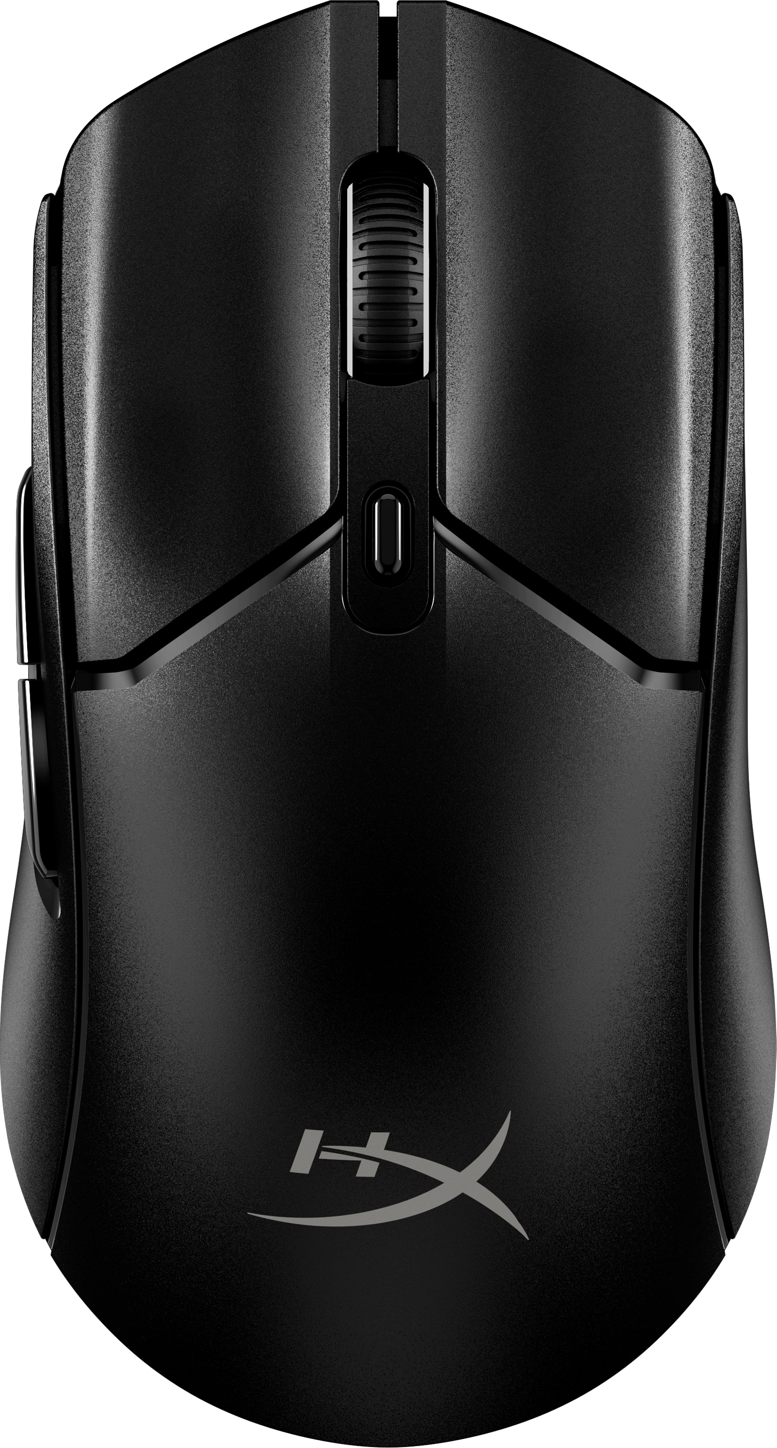 Schwarze Gaming-Maus mit Scrollrad und zwei Seitentasten.