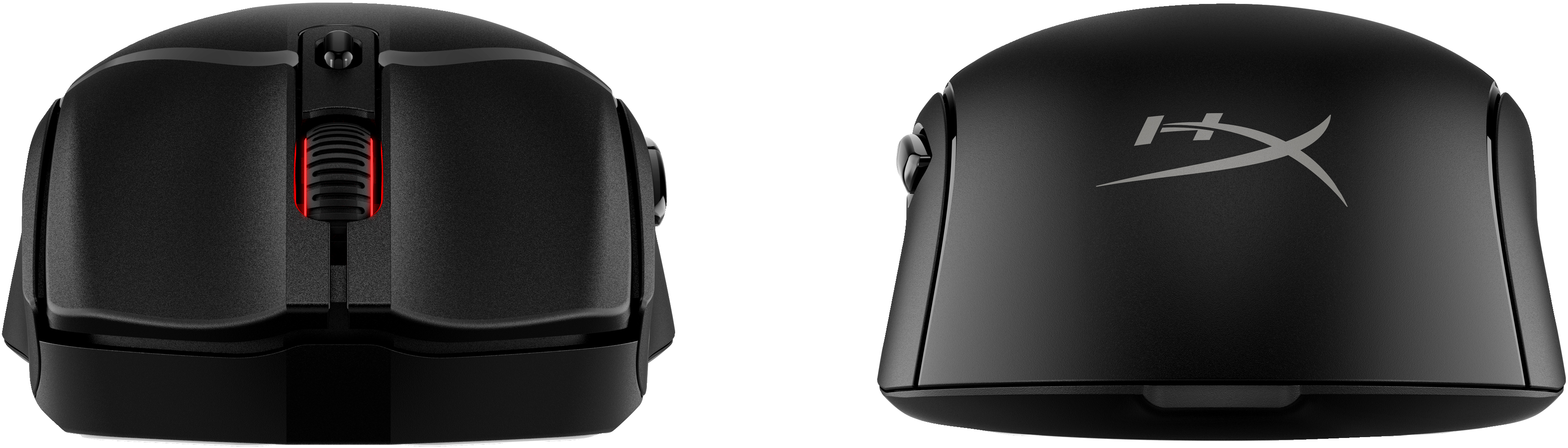 Schwarze HyperX Gaming-Maus, Ansichten von oben und von der Seite.
