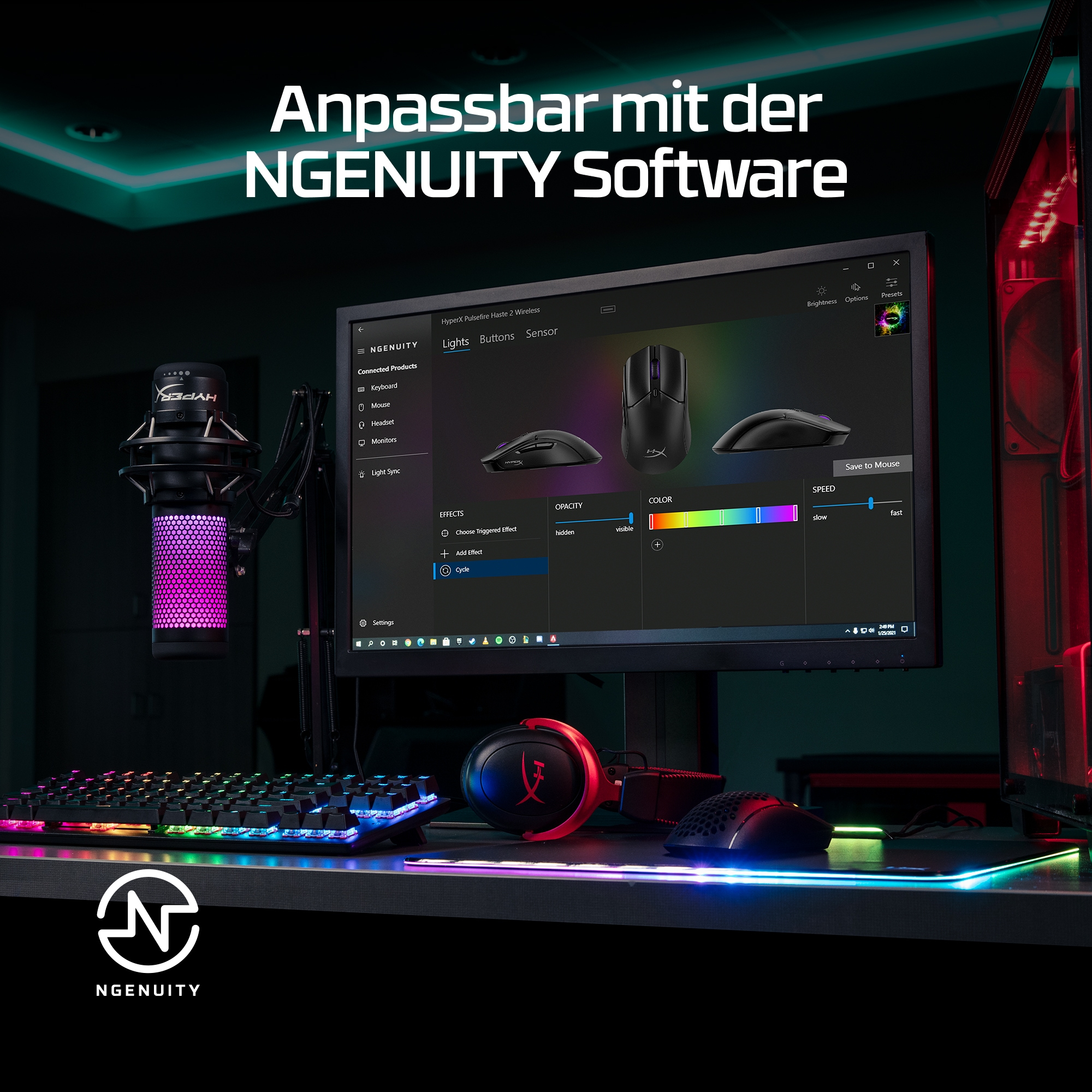 Gaming-Setup mit Monitor, der Softwareoberfläche, Tastatur, Mikrofon und Maus zeigt.