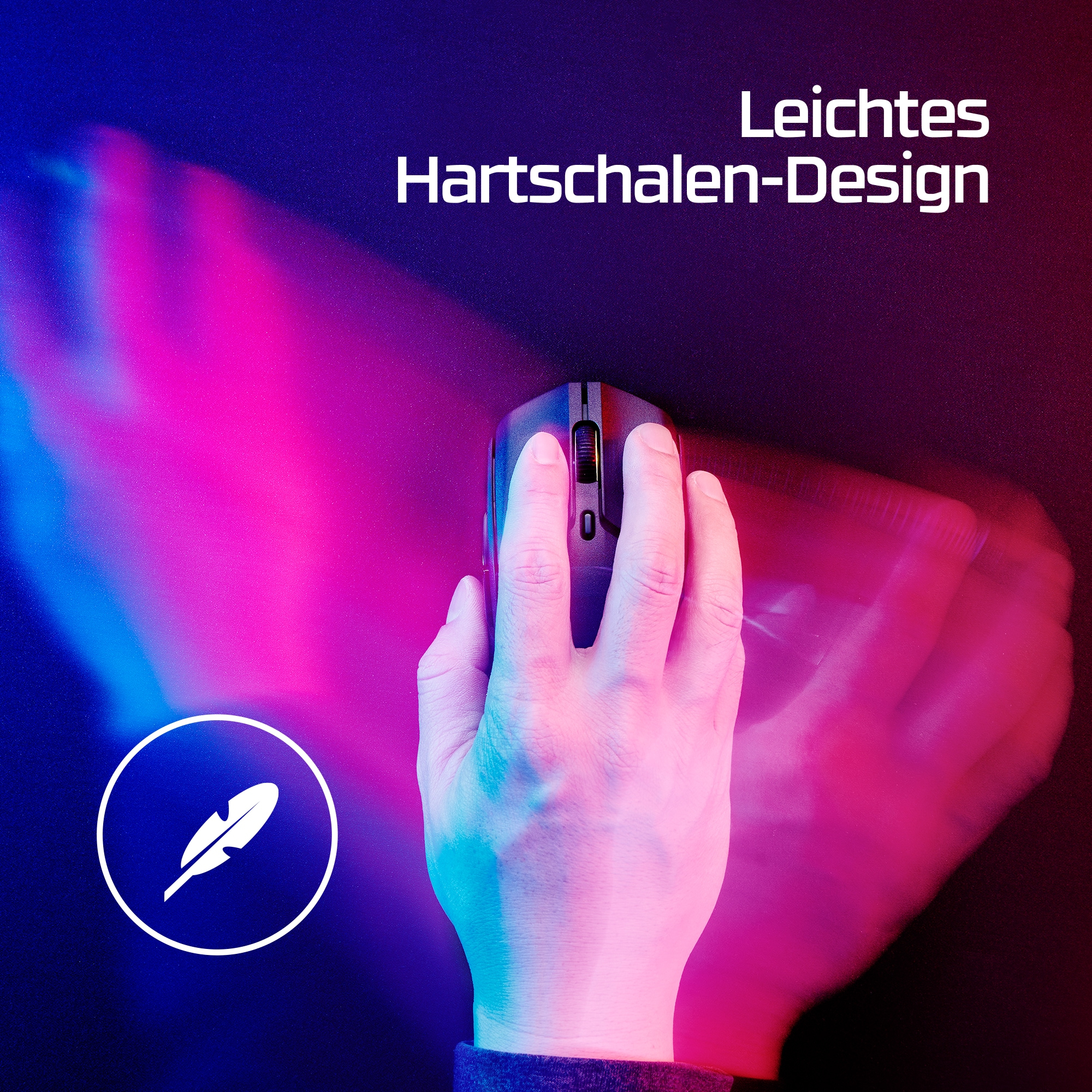 Hand hält schwarze Maus mit pink-lila Hintergrund; Text oben.