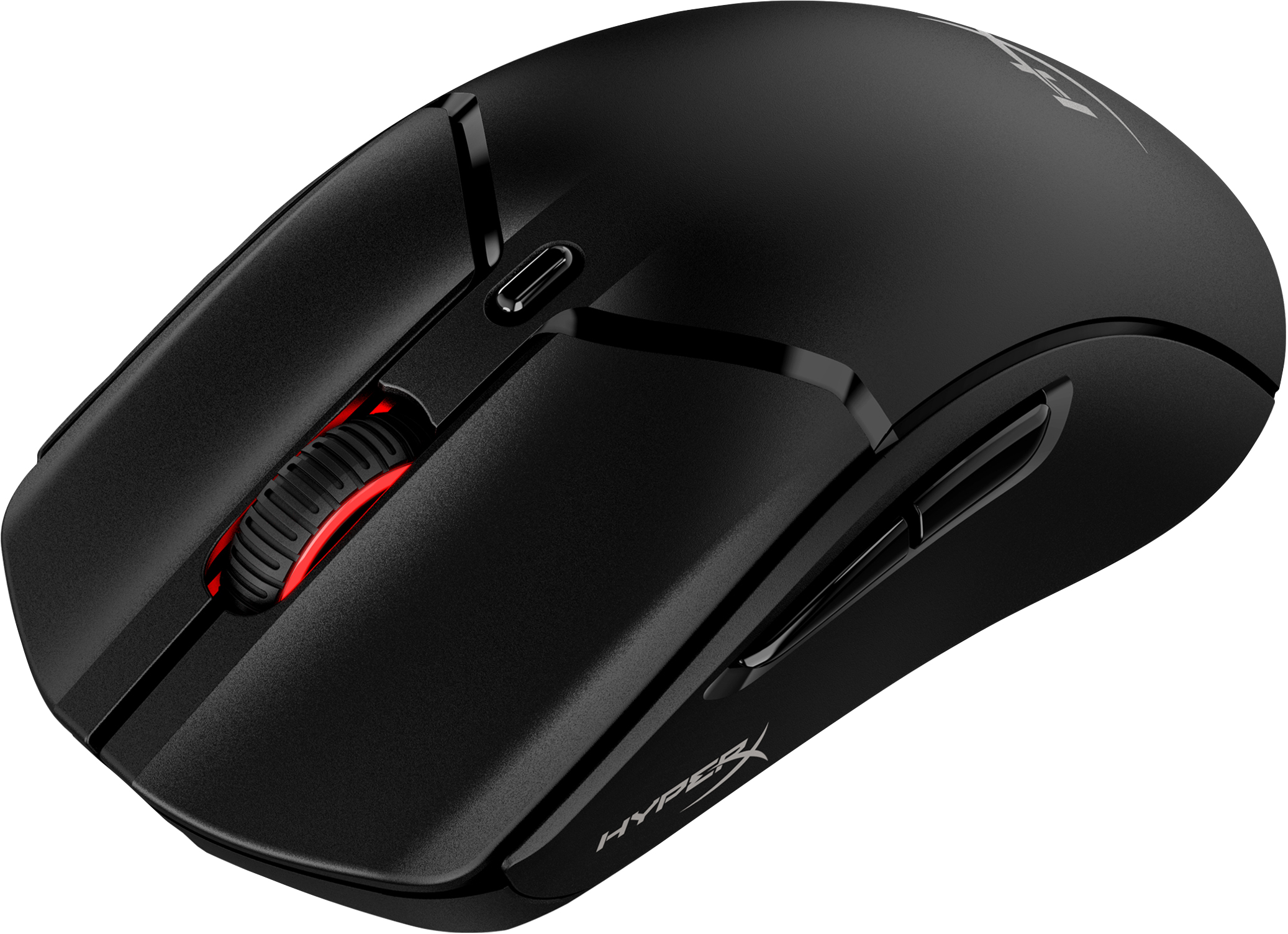 Nahaufnahme einer schwarzen Gaming-Maus mit rotem Scrollrad und HyperX-Logo.