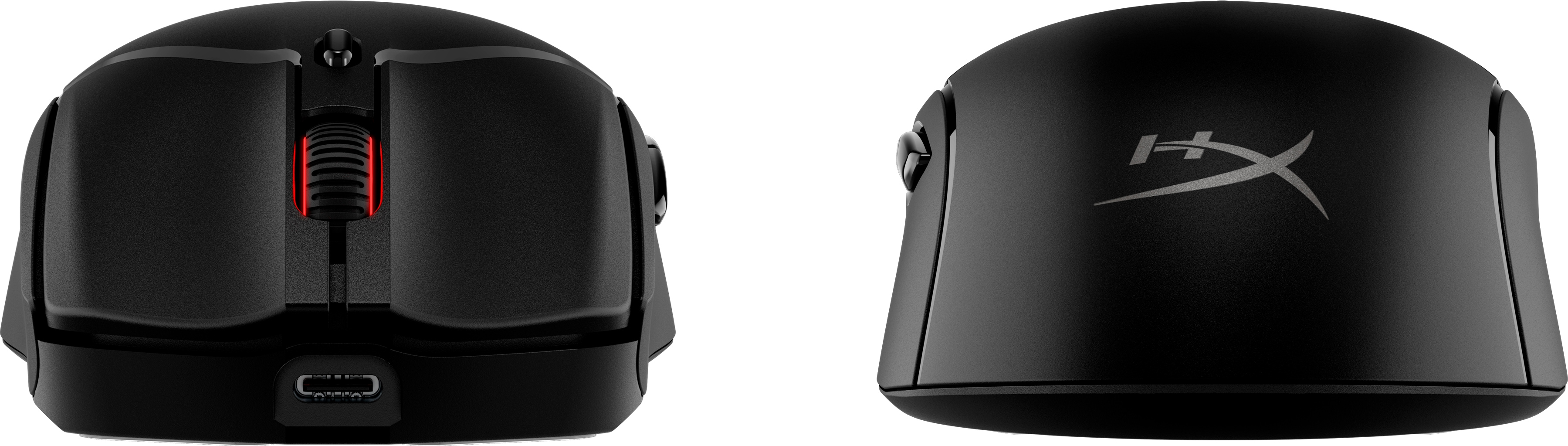 Zwei Ansichten einer schwarzen Gaming-Maus mit rotem Scrollrad und HyperX-Logo.
