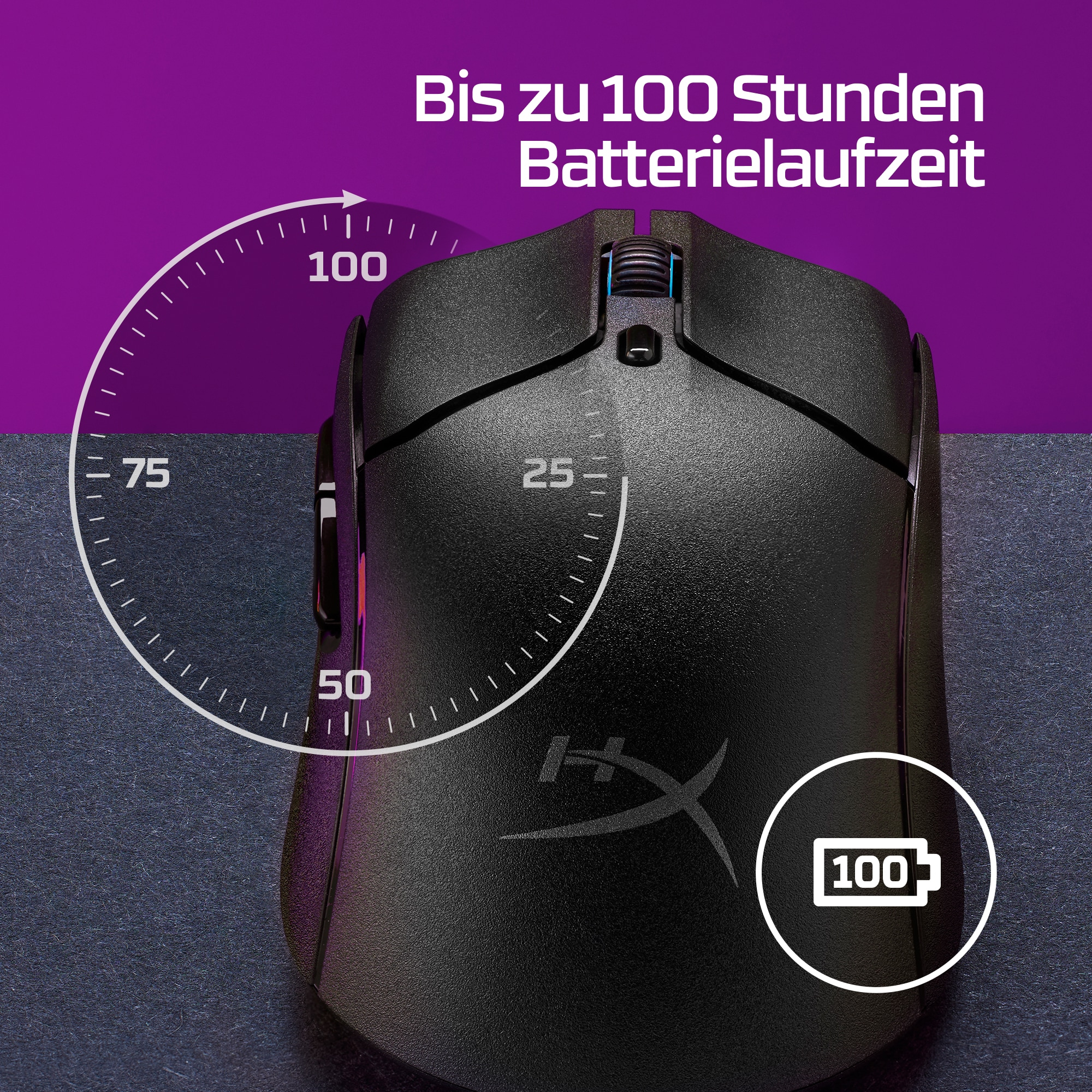 Eine schwarze Gaming-Maus mit einer Akkuanzeige.