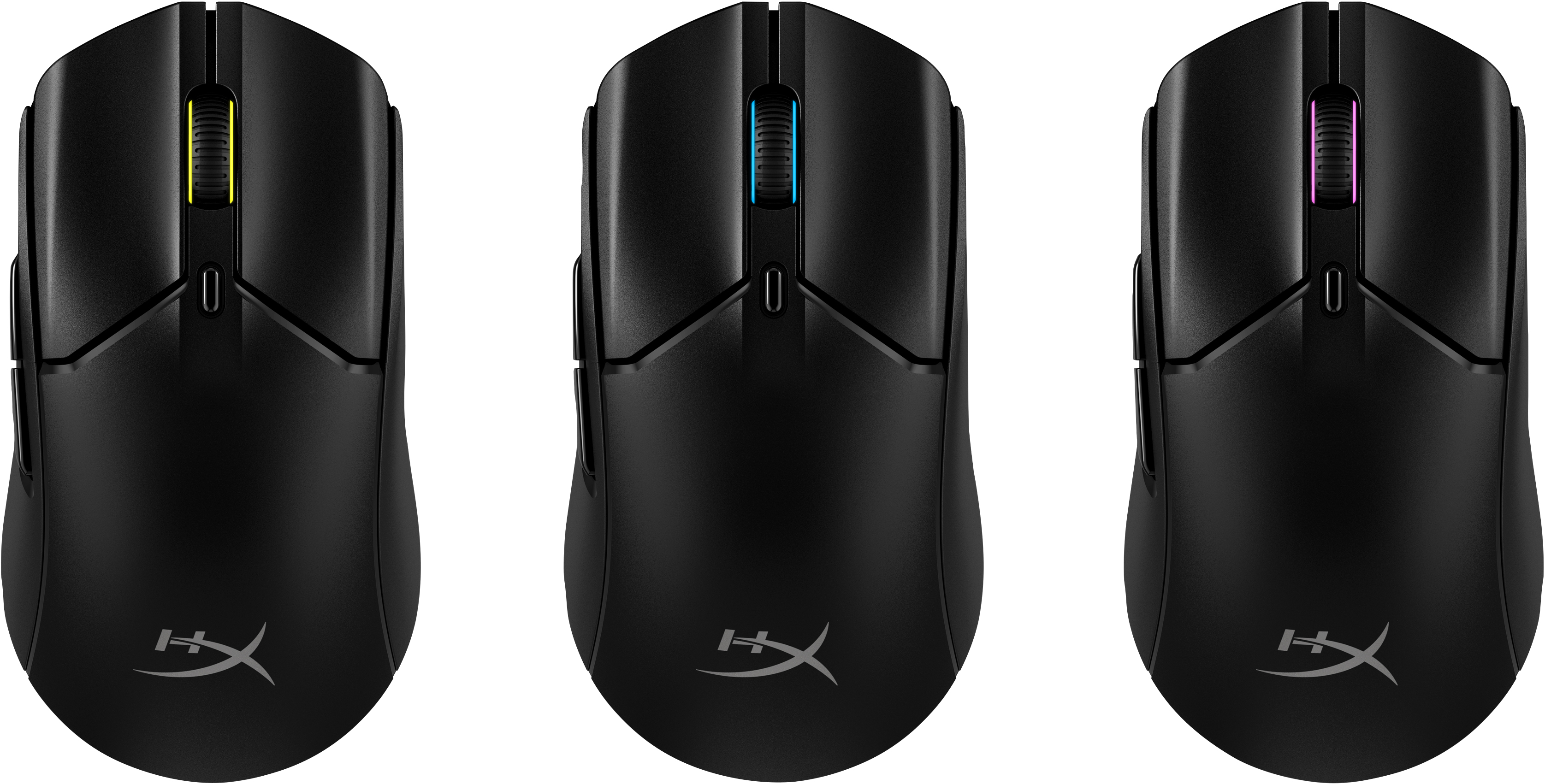 Drei schwarze Gaming-Mäuse mit unterschiedlich farbigen Scrollrädern: gelb, blau und pink.