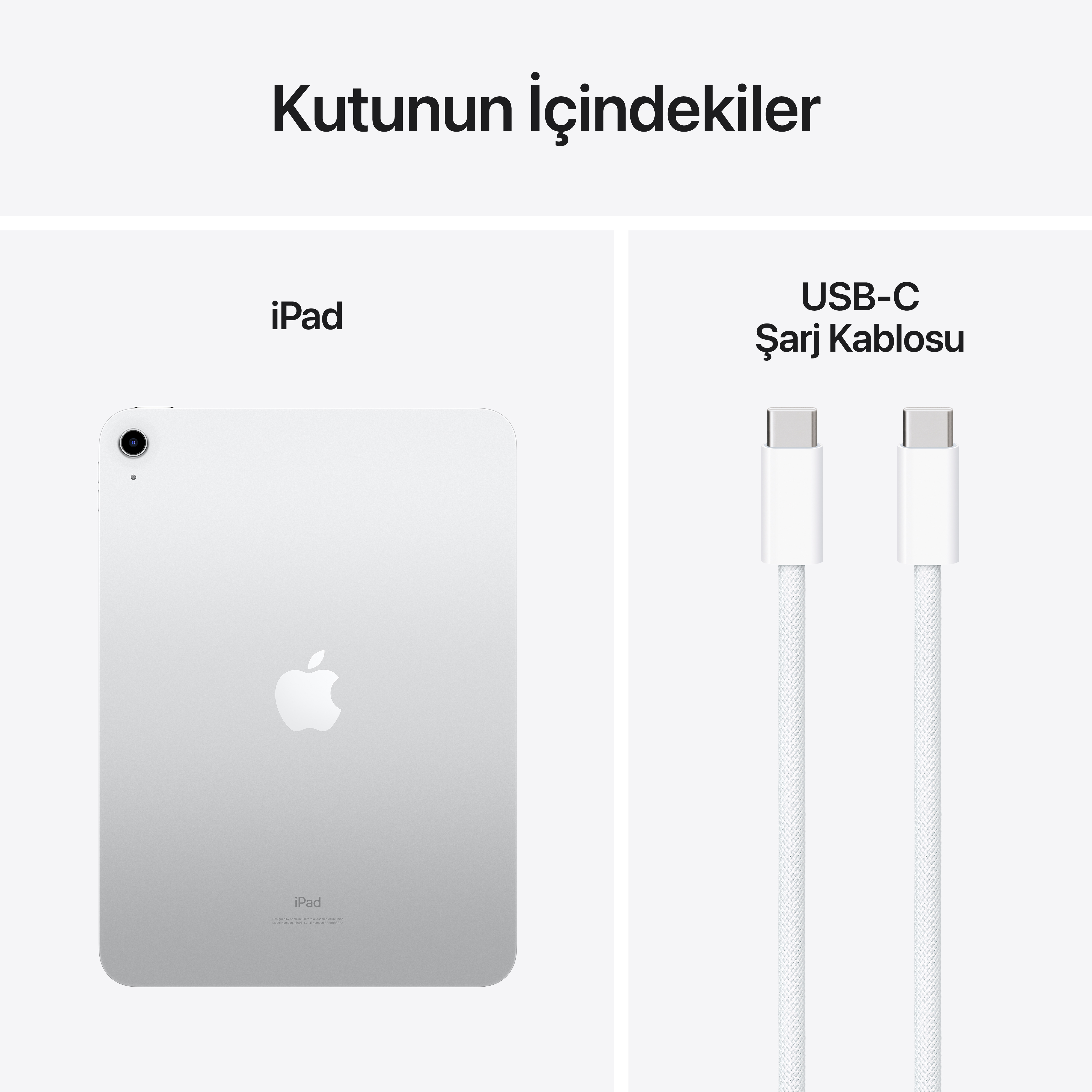 iPad ve USB-C şarj kablosu, beyaz bir arka planda. Türkçe metin.