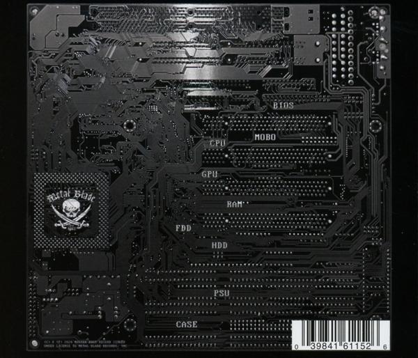 Schwarze Leiterplatte mit Beschriftungen von Komponenten wie CPU, GPU und RAM.