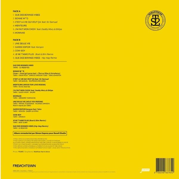 Albumcover, Frenchtown, mit Titelliste der Songs auf gelbem Hintergrund.