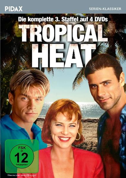 DVD-Cover für die TV-Serie Tropical Heat, drei Personen posieren am Strand.