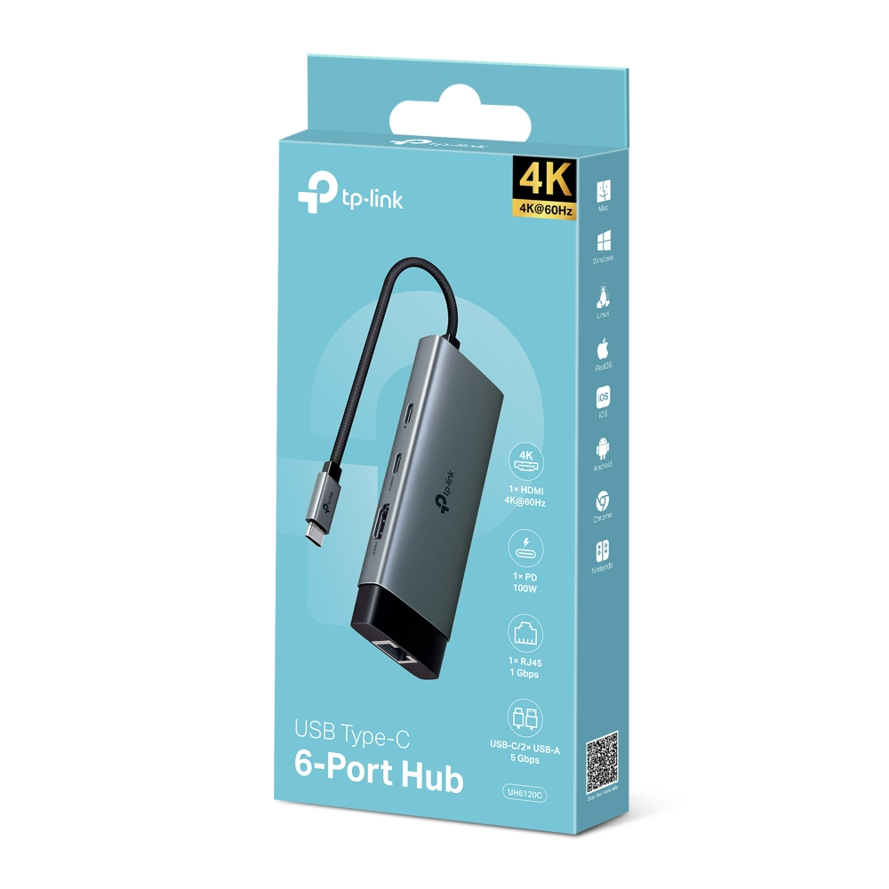 Bir kutuda USB Type-C 6 Port Hub. Kutuda 4K, HDMI ve USB-C bağlantı noktaları için simgeler var.