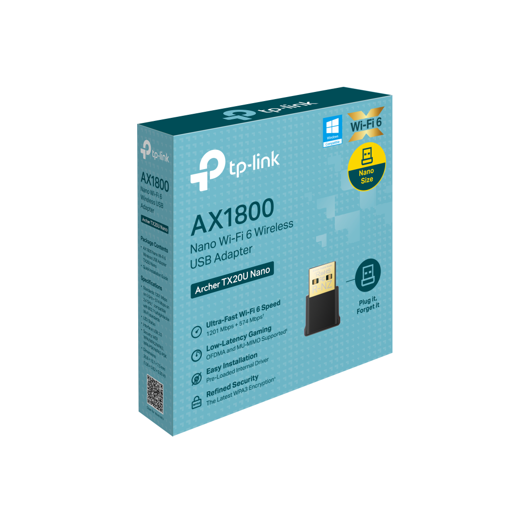 Ürün özelliklerini ve TP-Link logosunu gösteren bir kutuda bir Wi-Fi 6 USB adaptörü.