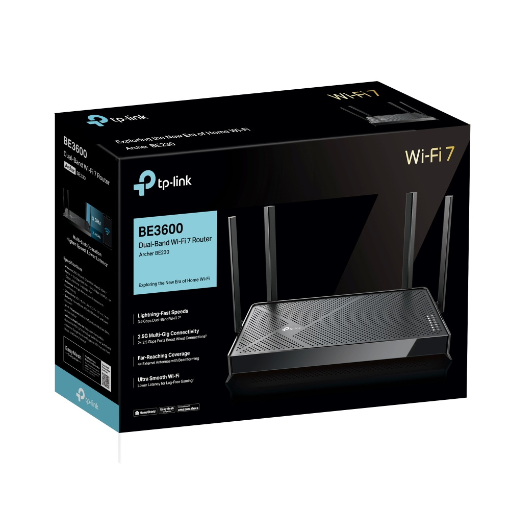Metin ve görsellerle siyah Wi-Fi 7 yönlendirici kutusu. Bir TP-Link ürünüdür, Wi-Fi 7 yönlendirici.