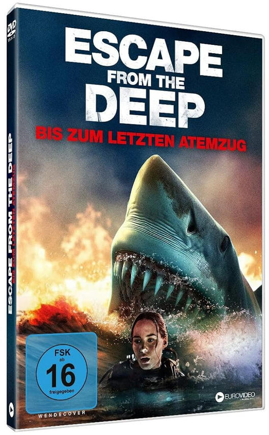 Filmposter. Hai greift Person im Meer an. Titel: „Escape from the Deep“.