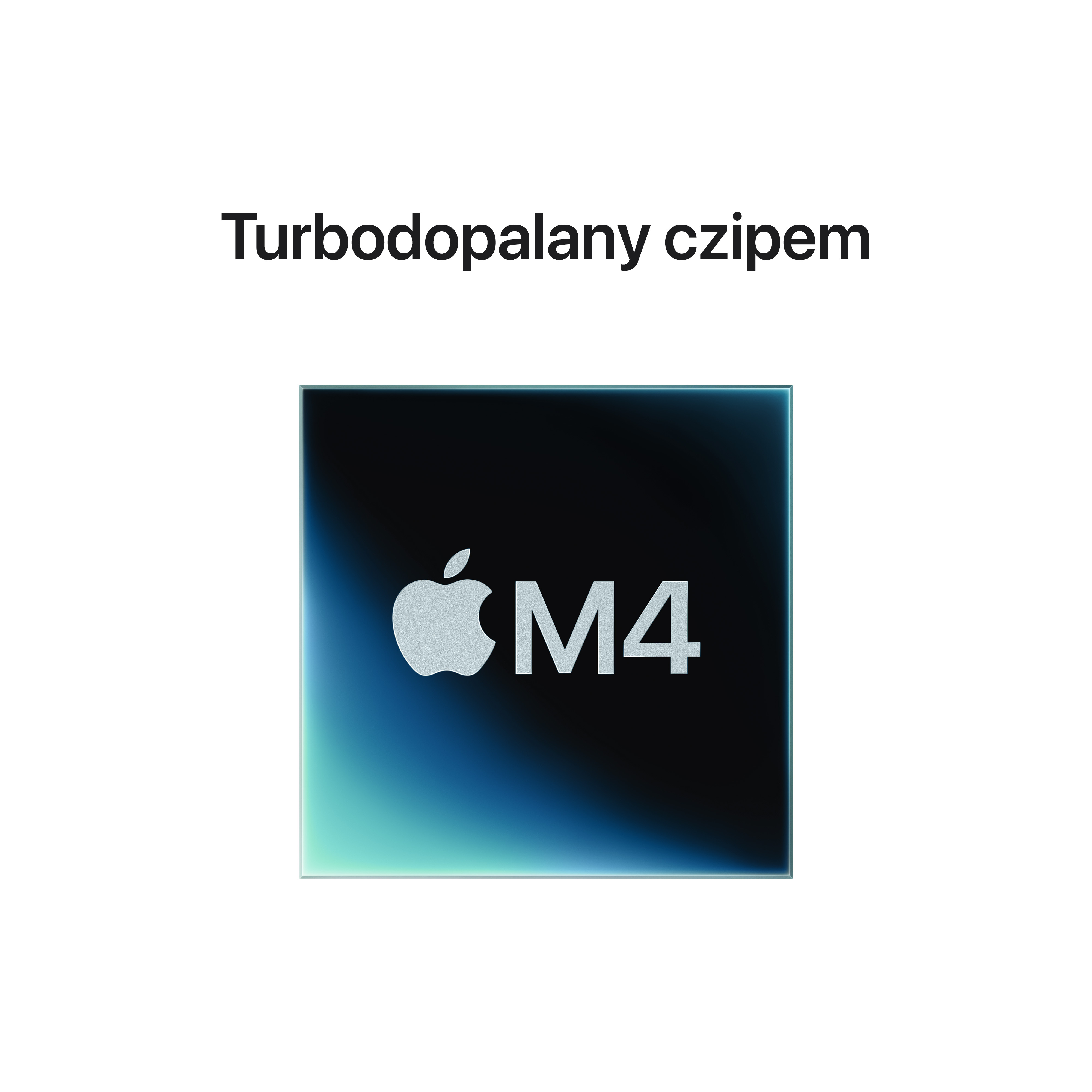 Logo chipa Apple M4 na kwadracie, z niebieskim gradientem w tle.