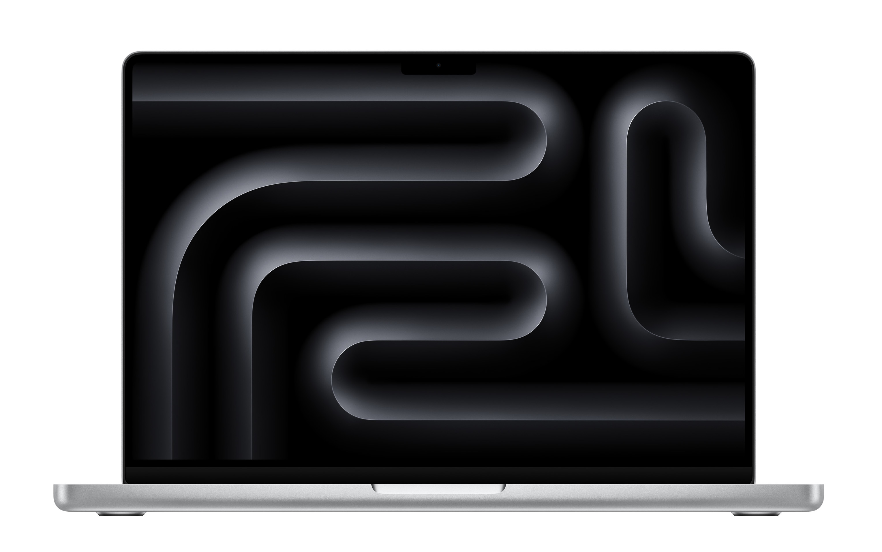 Srebrny laptop z ciemnym, krętym wzorem na ekranie.