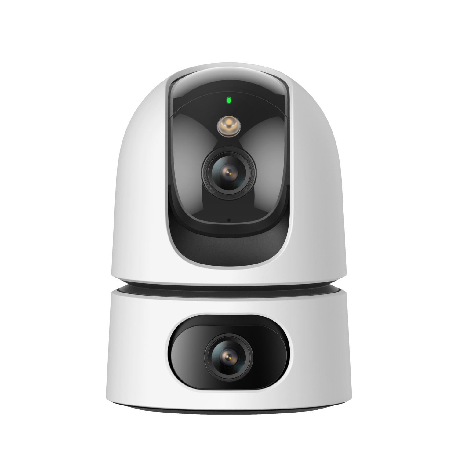 White security camera with a black lens and a green light. The camera is on a white background.