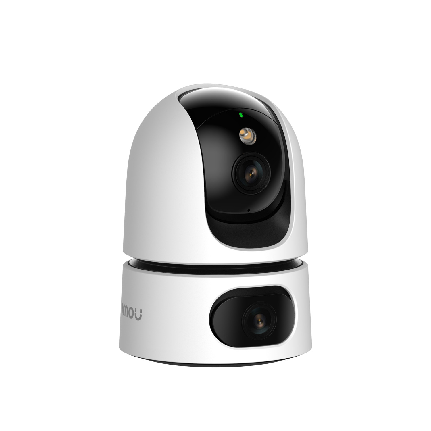 A white security camera with a black top, front-facing, set against a white background.