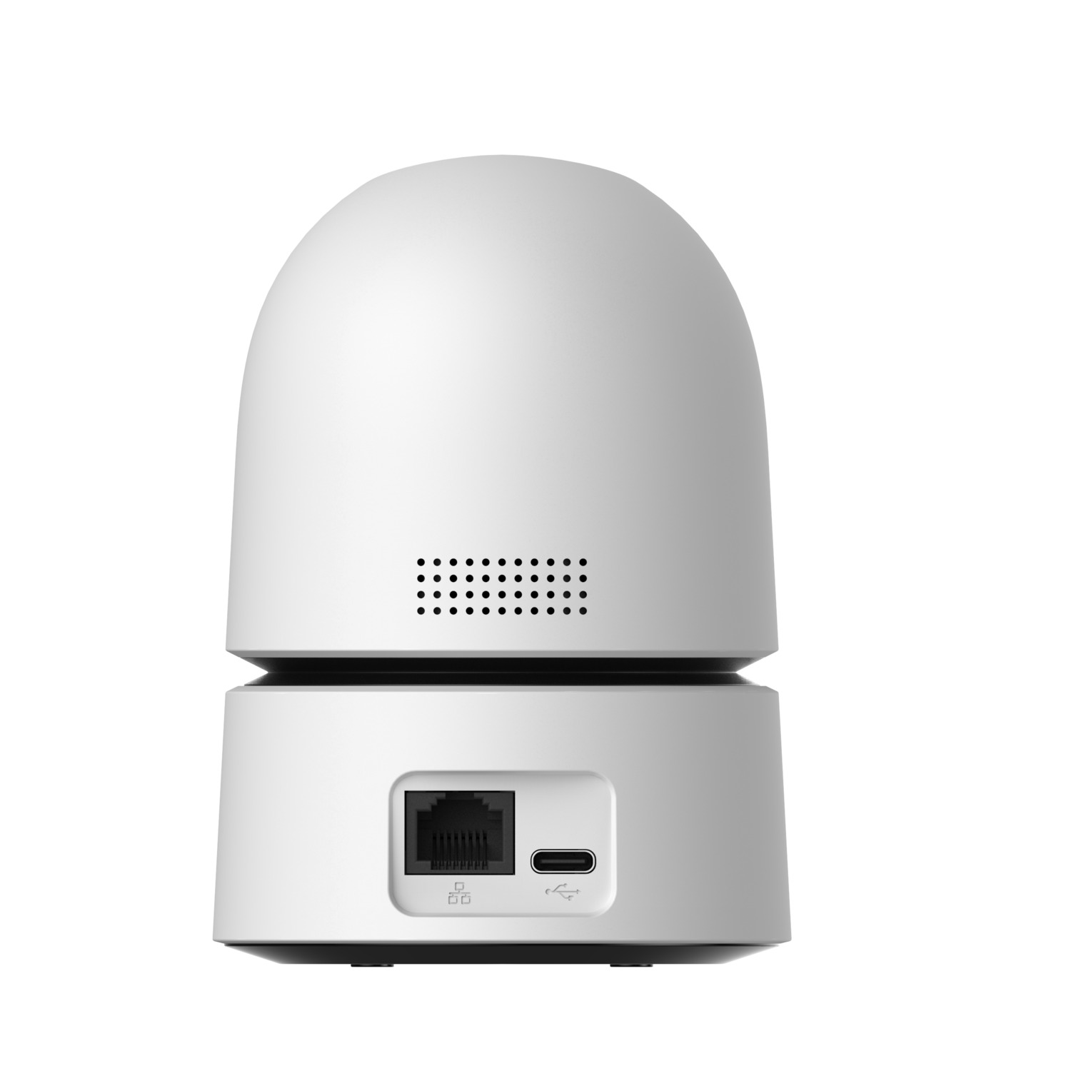 White security camera with ports at the bottom and a dome-shaped top.